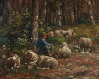 Shepherd and Flock in a Moonlit Forest