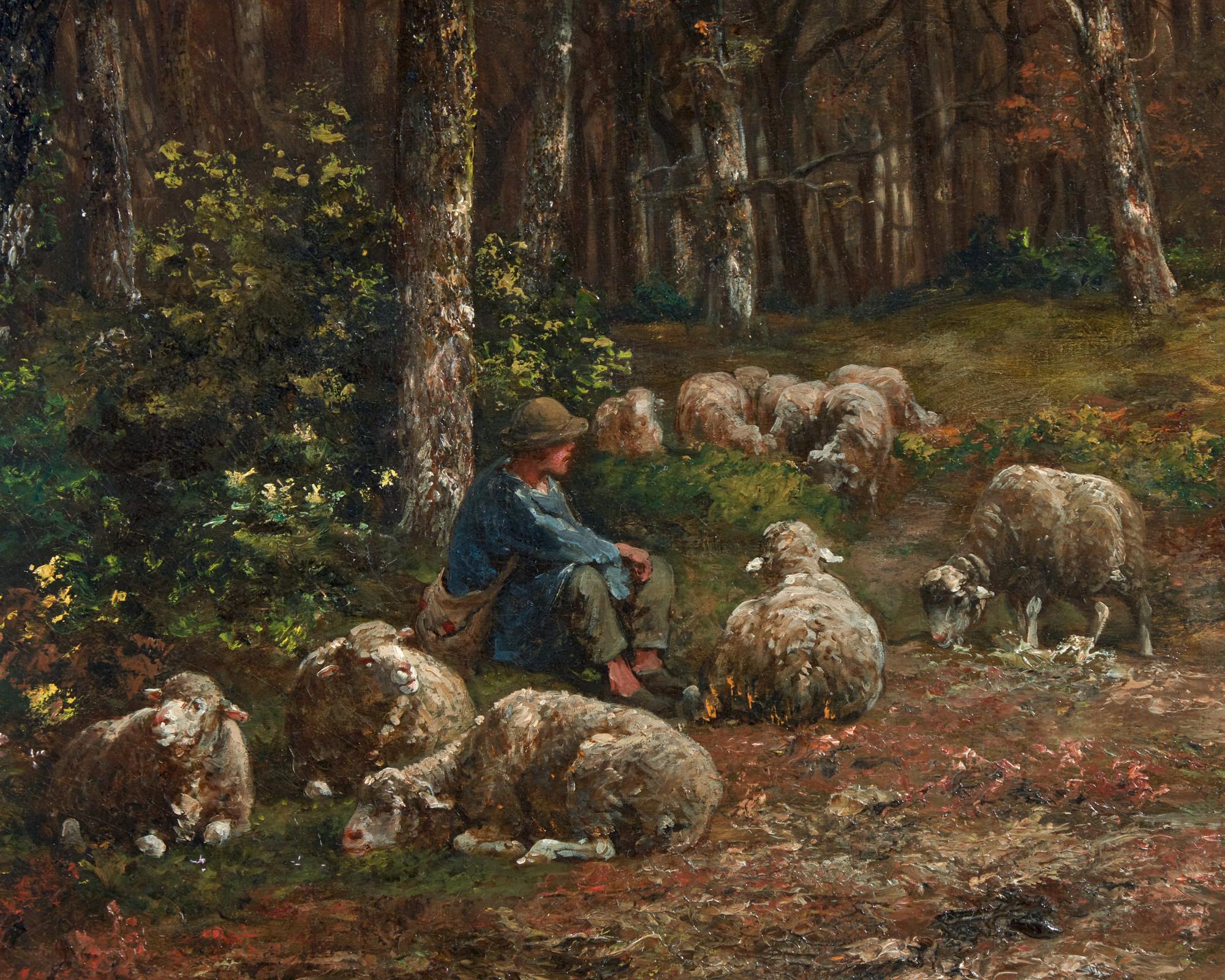 Shepherd and Flock in a Moonlit Forest