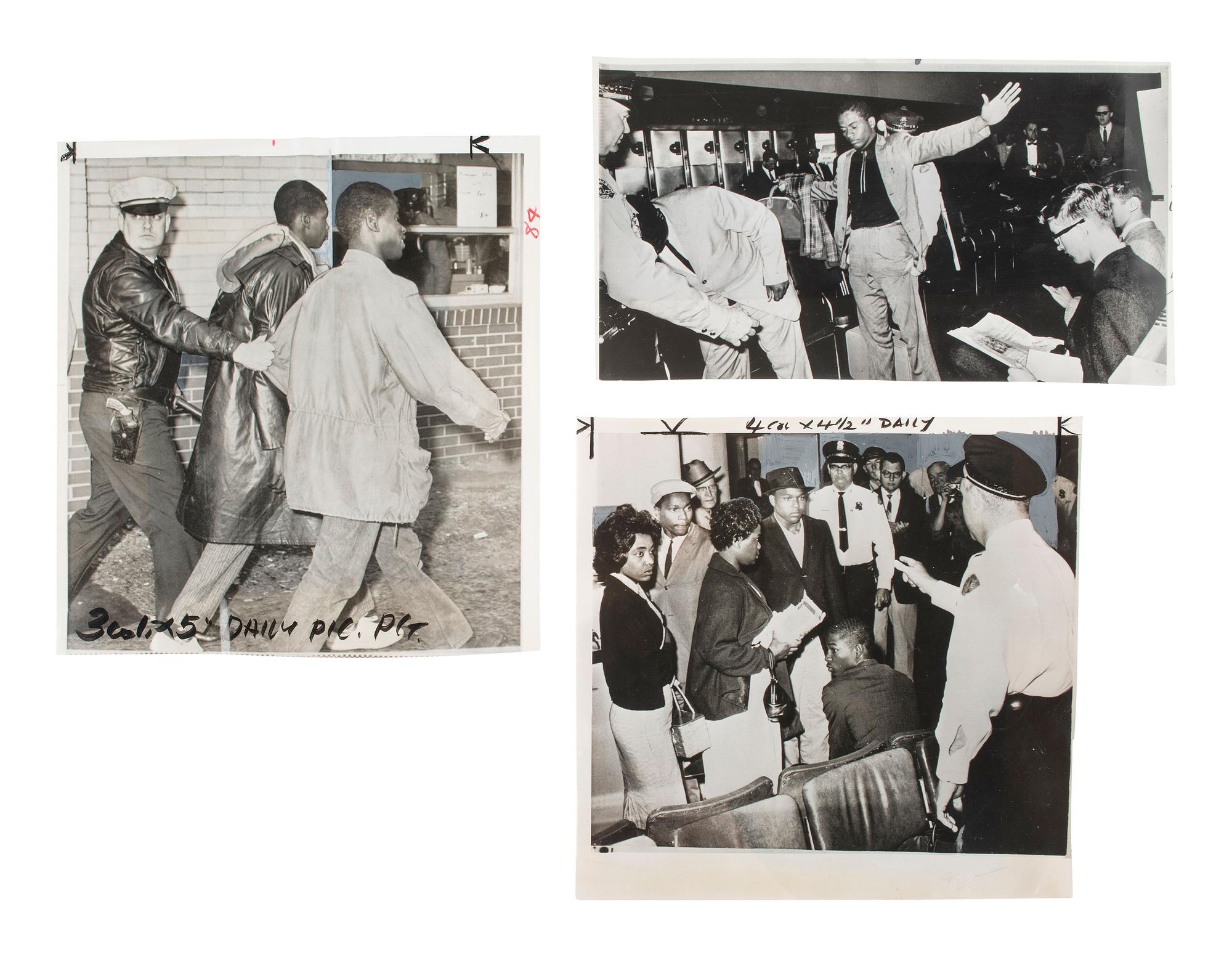 [CIVIL RIGHTS]. A group of 3 press photographs documenting Freedom Riders in Jackson, MS, and Albany, GA. May-December 1961.