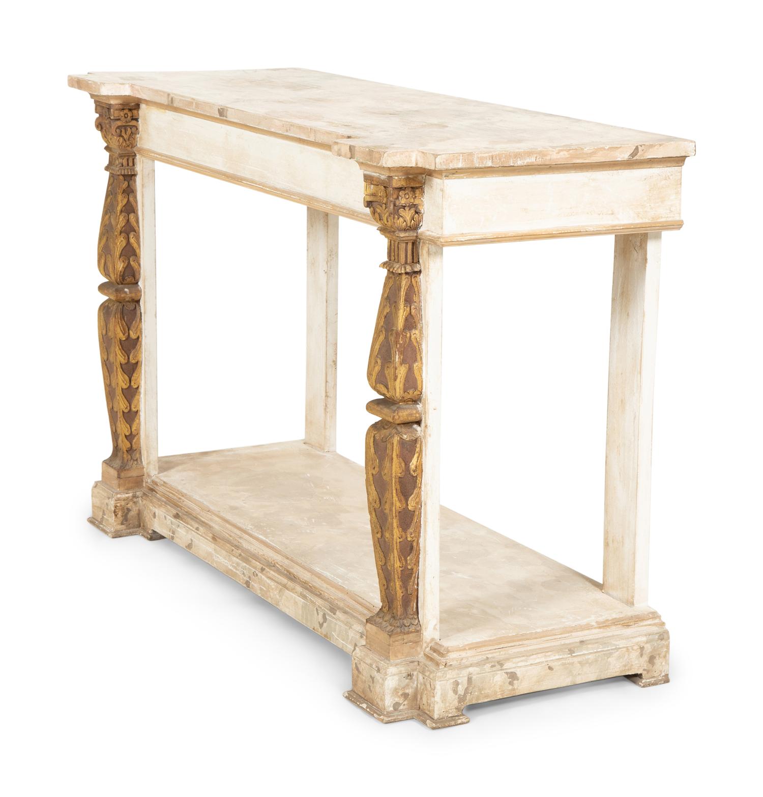A Pair of French Neoclassical Painted and Parcel Gilt Pier Tables