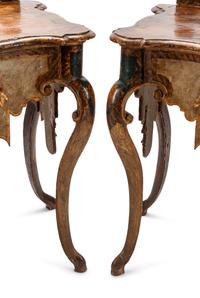 A Pair of Venetian Painted and Parcel Gilt Console Tables