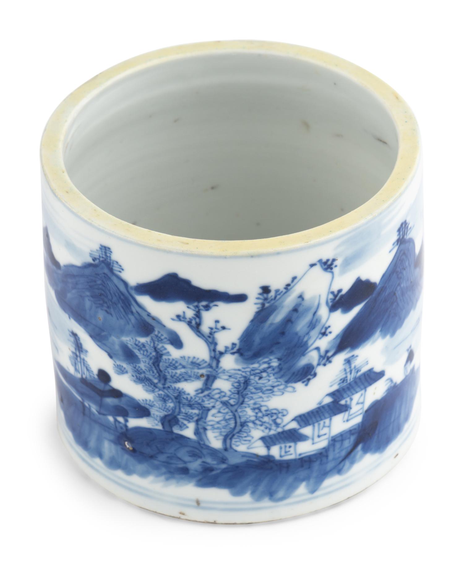 A Group of Five Chinese Blue and White Porcelain Brush Pots with One Vase