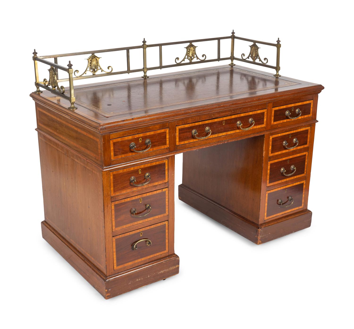 A Victorian Satinwood Crossbanded Mahogany and Brass Mounted Leather Top Pedestal Desk — EARLY 20TH CENTURY