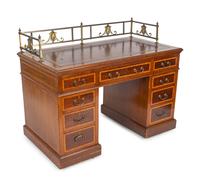 A Victorian Satinwood Crossbanded Mahogany and Brass Mounted Leather Top Pedestal Desk — EARLY 20TH CENTURY