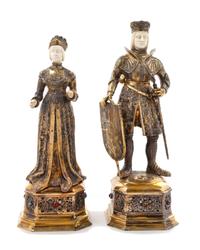 A Pair of German Silver-Gilt and Hardstone Mounted Figures, Maker's Mark IFS, 20th Century, depicting a queen and king.