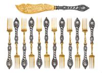 A German Silver and Parcel Gilt Fish Service, Theodor Julius Gunther, Berlin, 19th Century, comprising twelve fish forks and one fish s