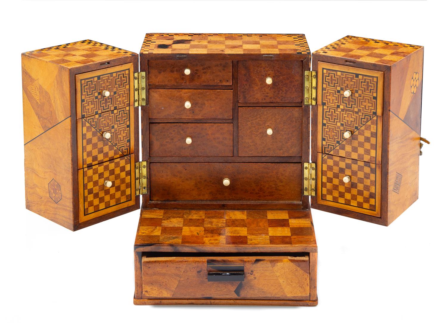 An English Marquetry Jewelry Cabinet Height 9 3/4 x width 7 3/8 x depth 7 1/8 inches. — 19TH CENTURY