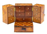 An English Marquetry Jewelry Cabinet Height 9 3/4 x width 7 3/8 x depth 7 1/8 inches. — 19TH CENTURY