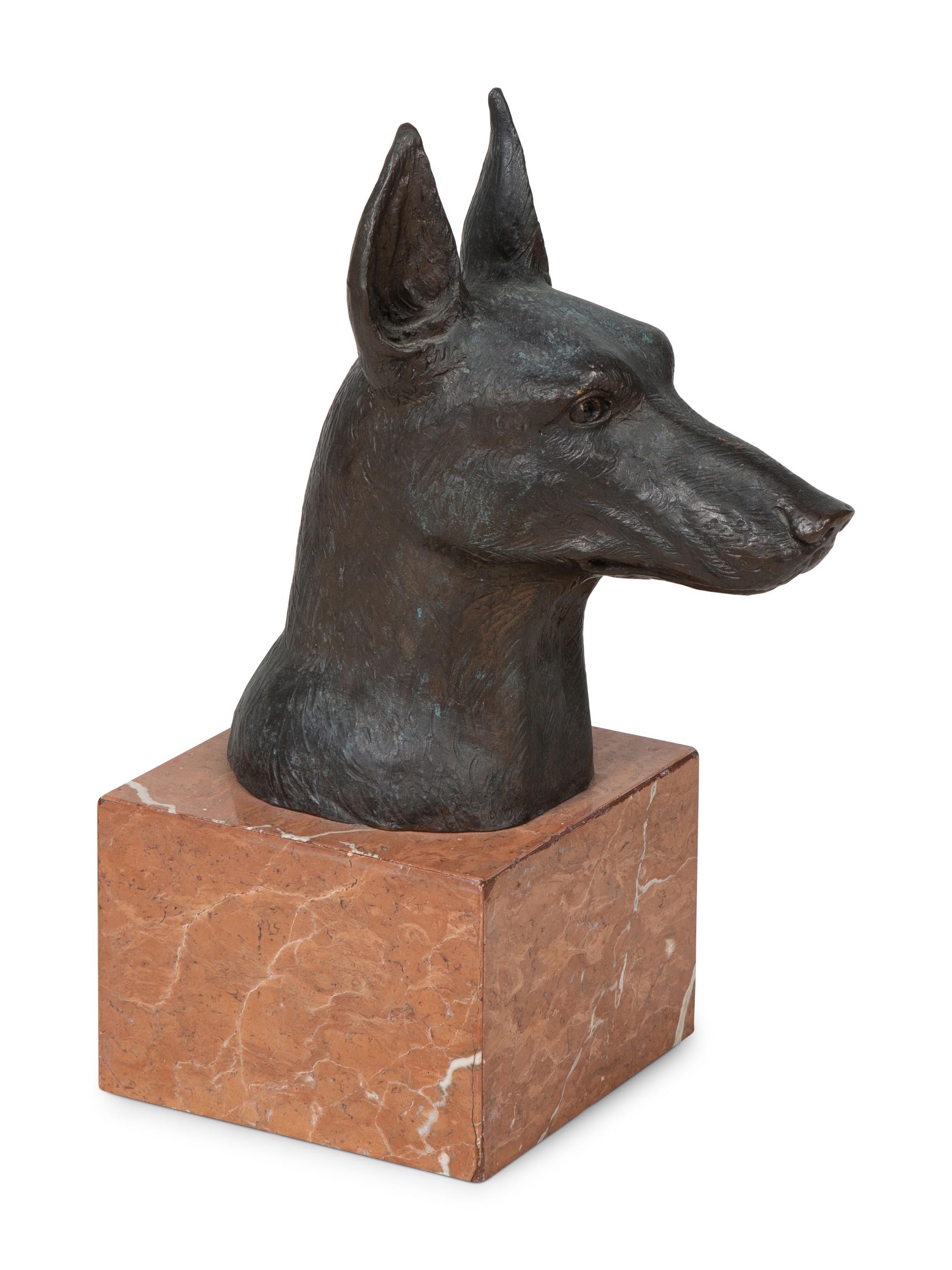 A Bronze Doberman Pinscher Head on Marble Base — CIRCA 1980S