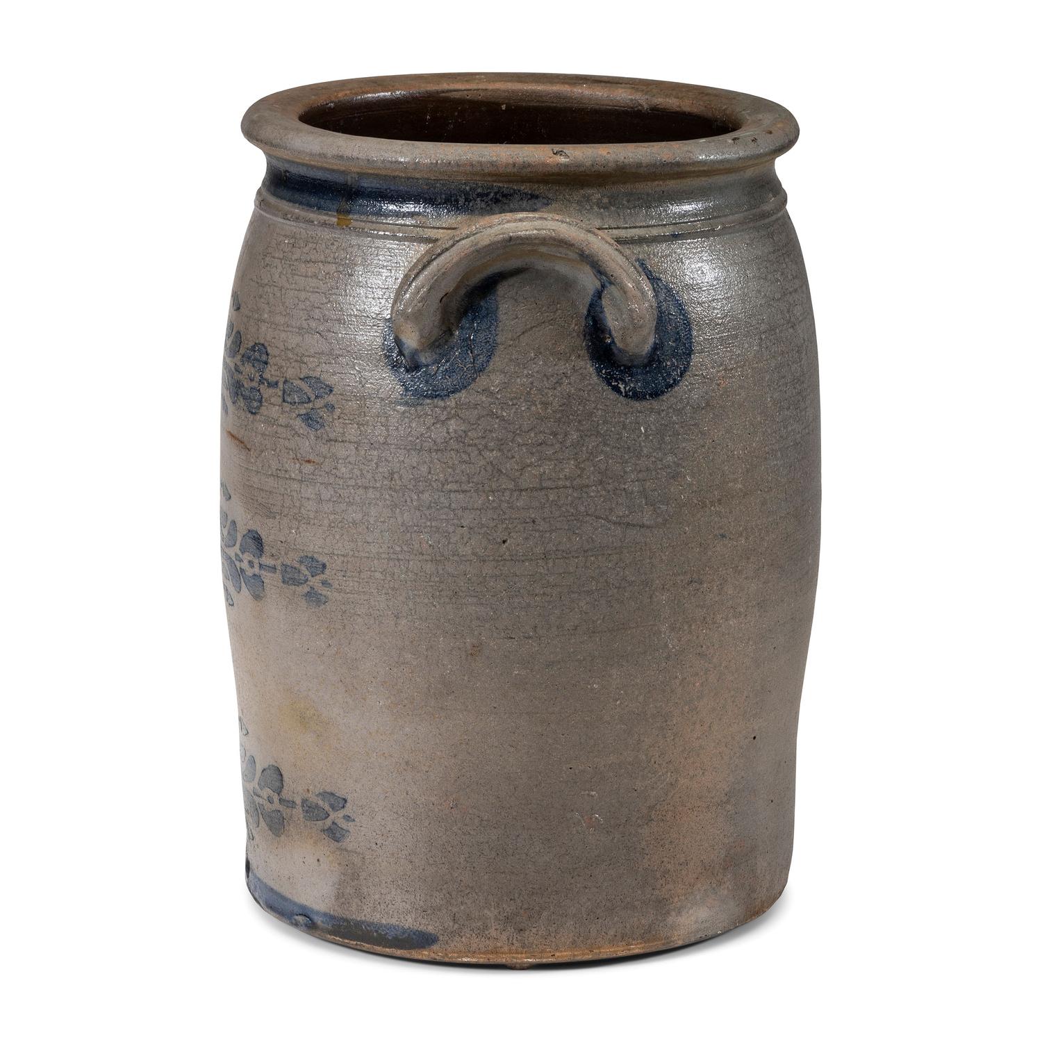 A Four-Gallon Cobalt and Stencil Decorated Stoneware Crock