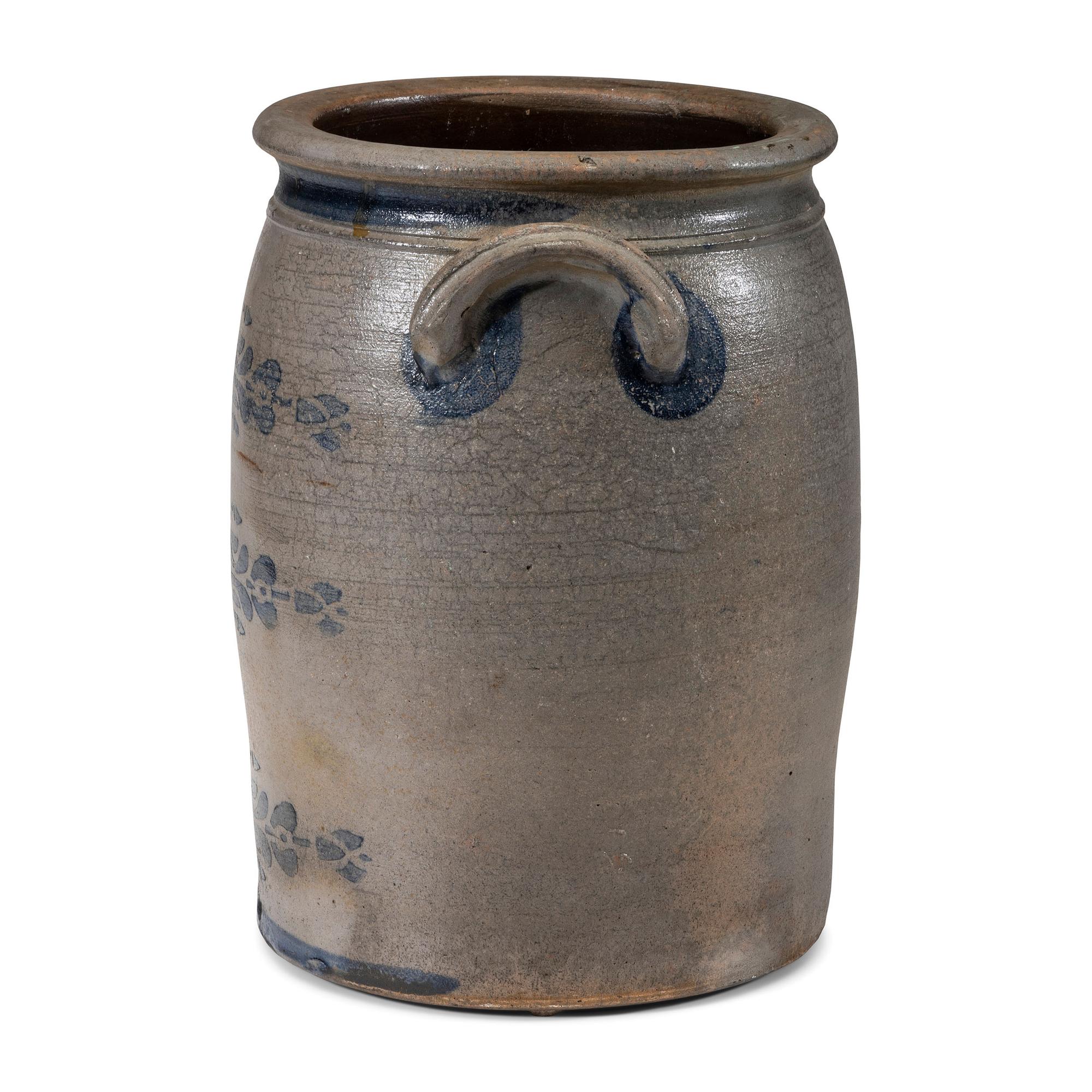 A Four-Gallon Cobalt and Stencil Decorated Stoneware Crock