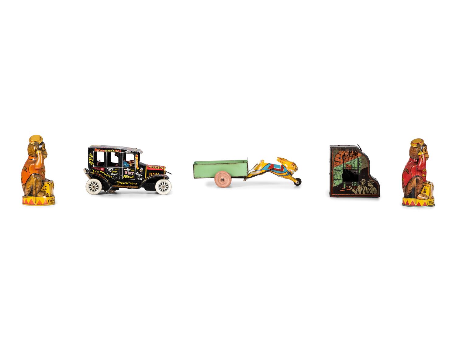 Five Tin Lithograph Banks and Toys