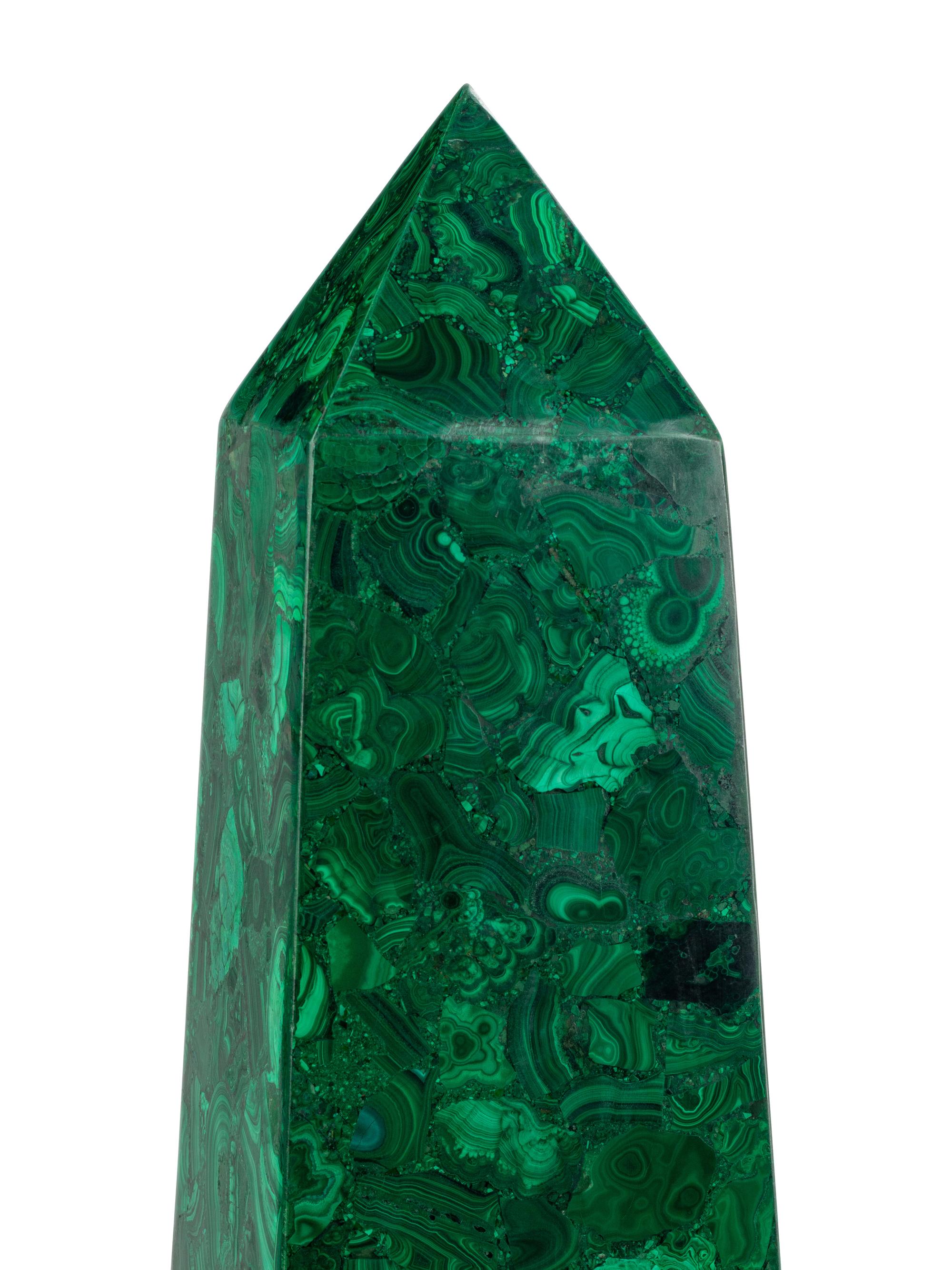 A Pair of Monumental Malachite Veneered Obelisks
