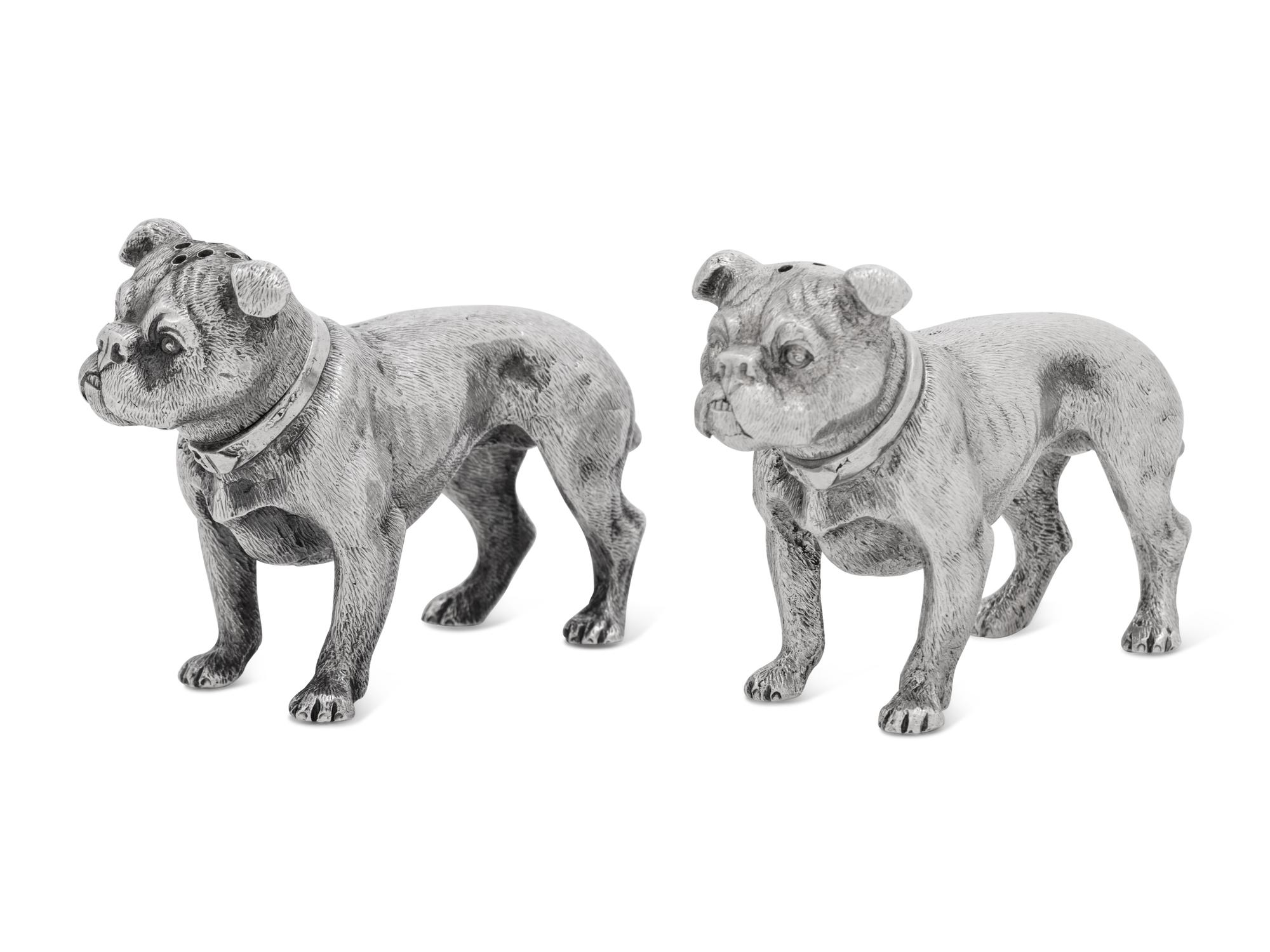 A Pair of Silver Salt and Pepper Shakers in the Form of Bulldogs