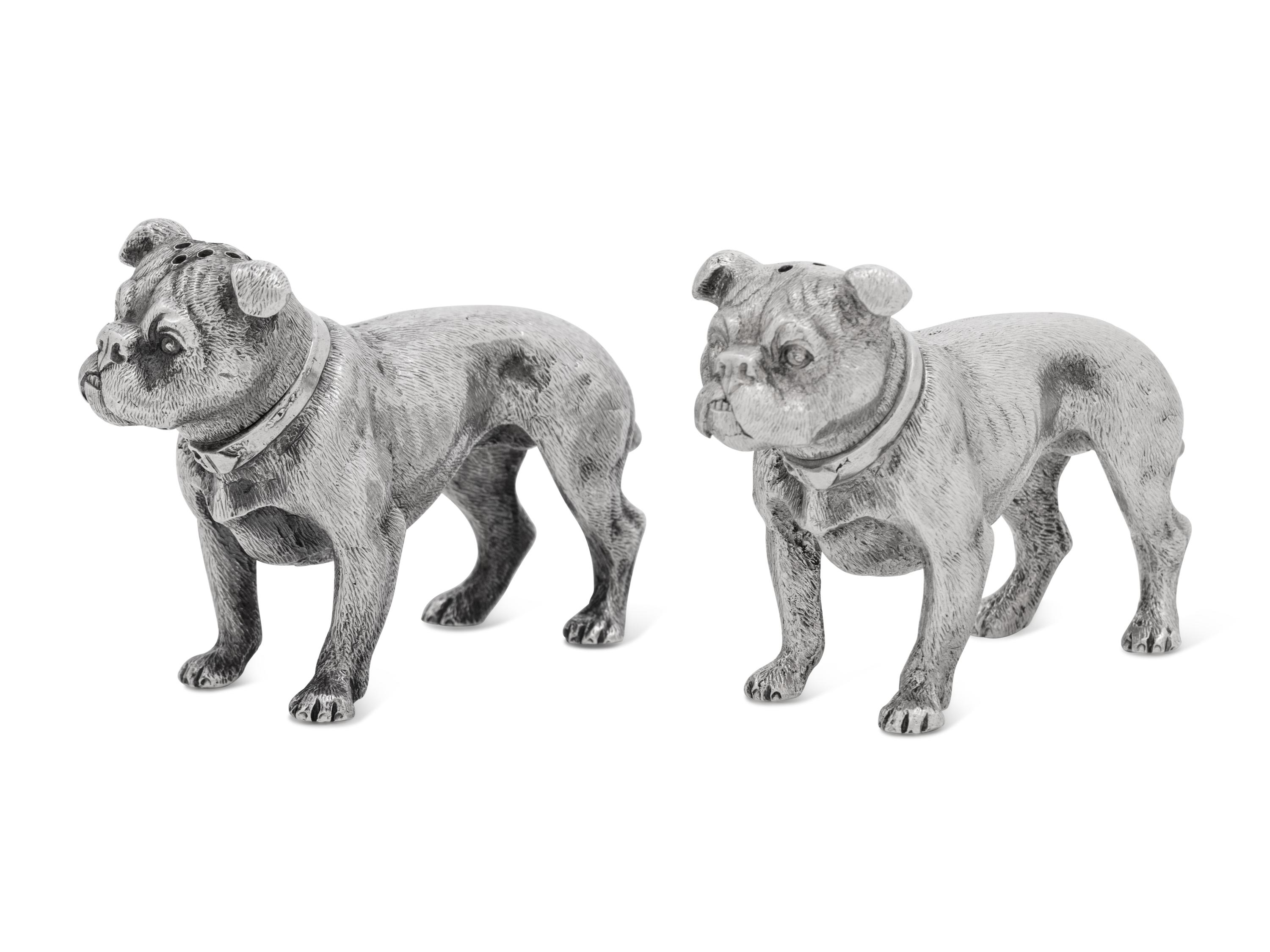 A Pair of Silver Salt and Pepper Shakers in the Form of Bulldogs