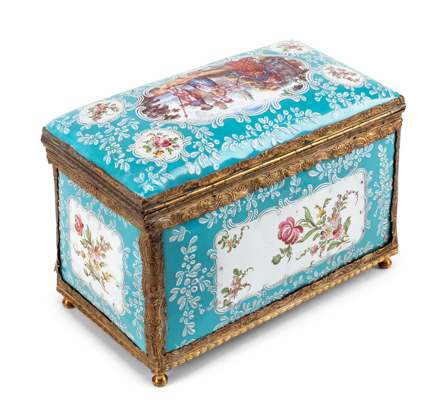 A French Enameled Copper and Gilt Metal Table Casket