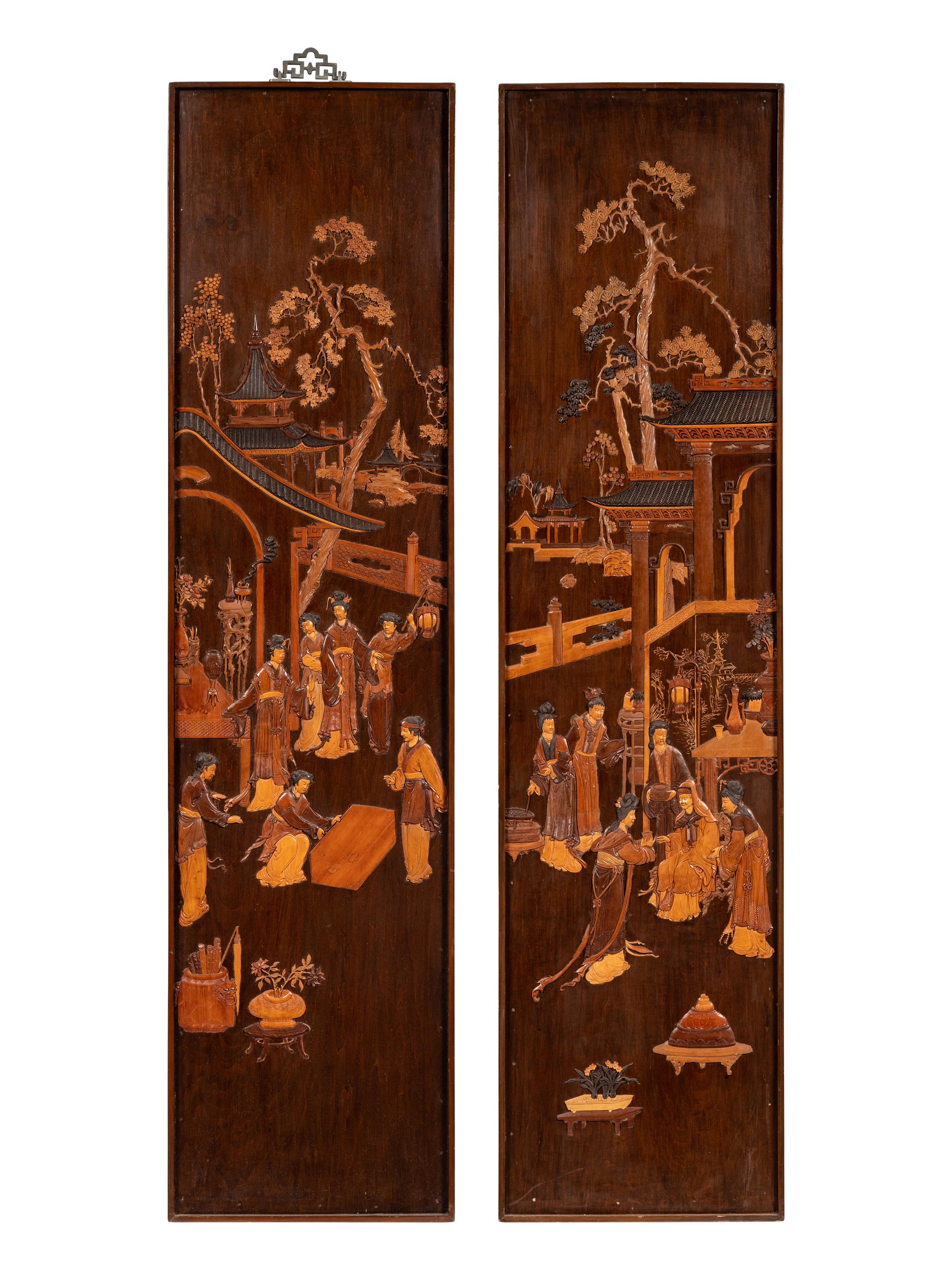 Two Chinese Carved Wood Wall Panels