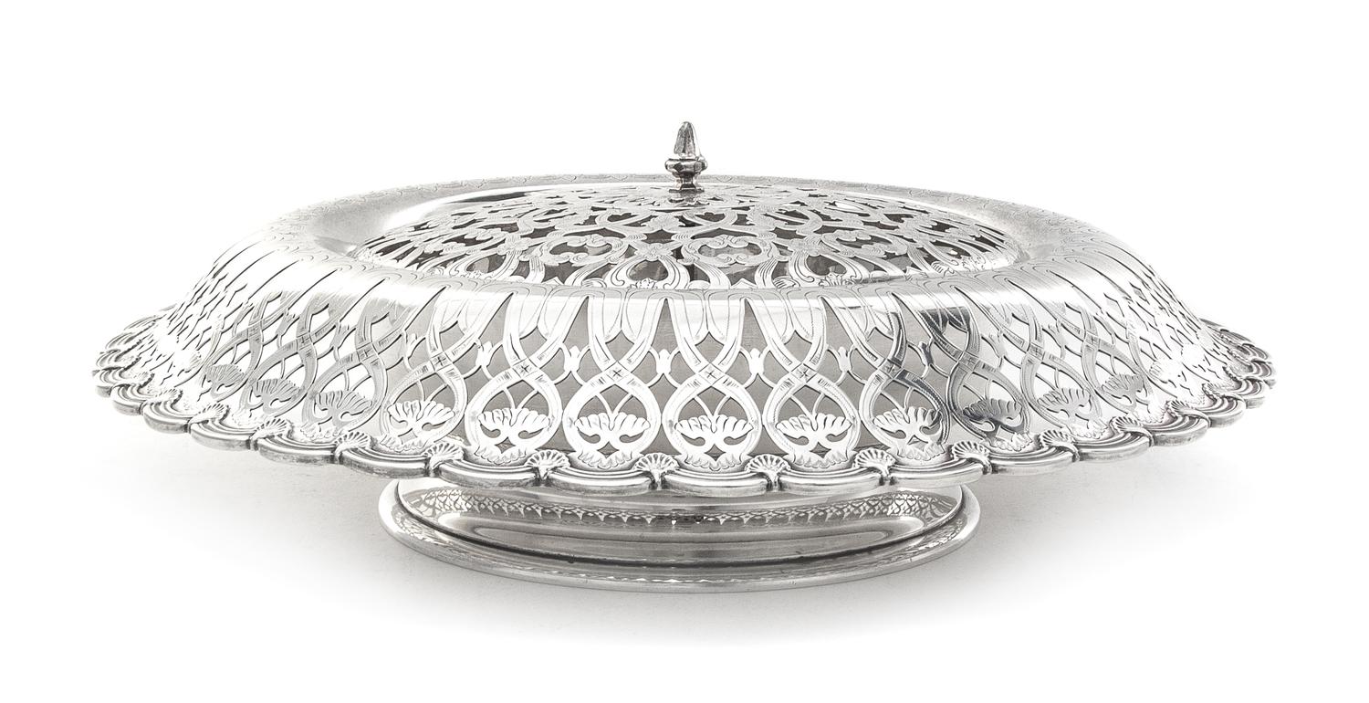 An American Silver Centerpiece Bowl, Tiffany & Co., New York, NY, 1910, circular, with turned-over border pierced and engraved with scr