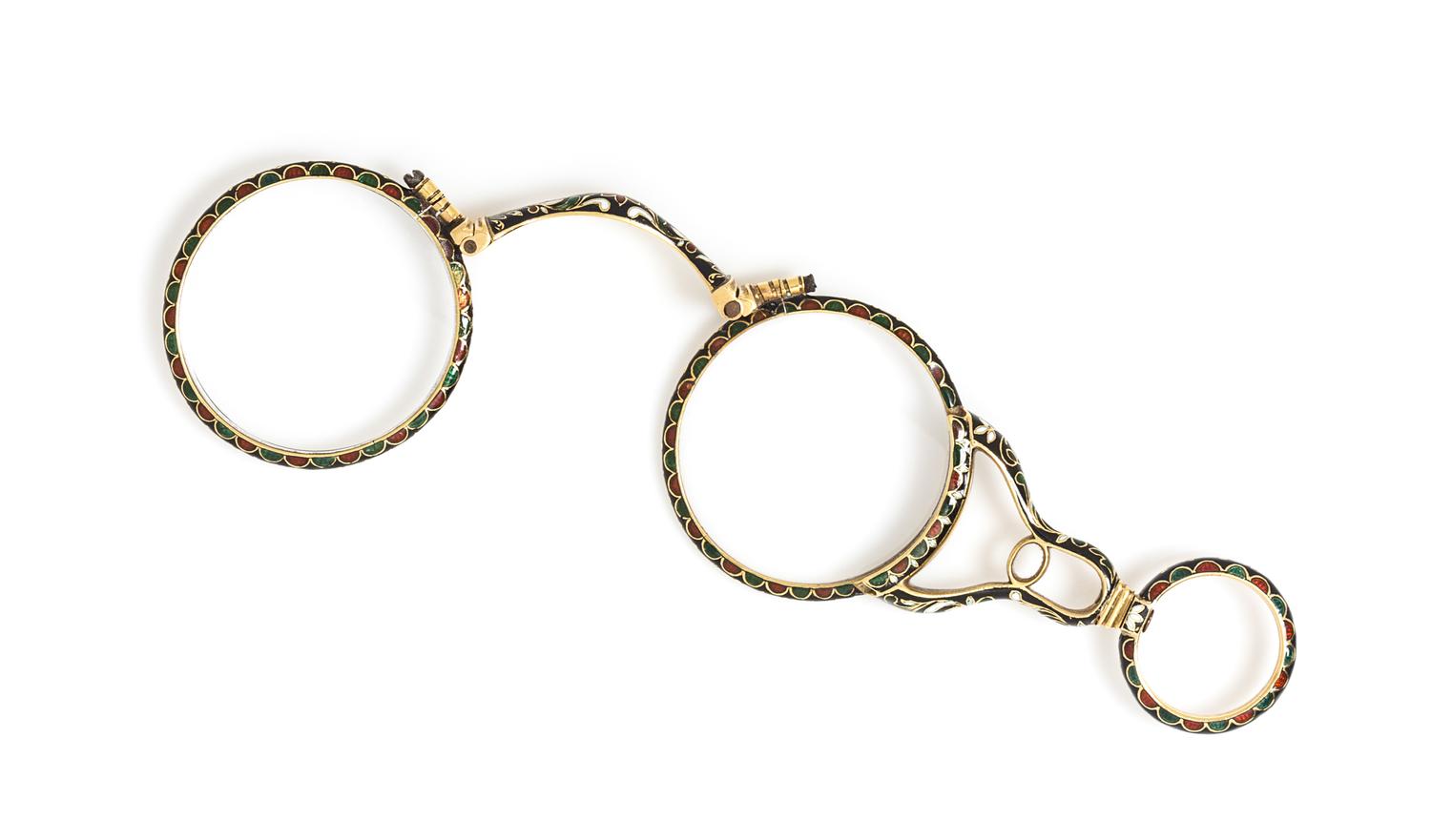 A Yellow Gold and Polychrome Enamel Lorgnette, 16.20 dwts.