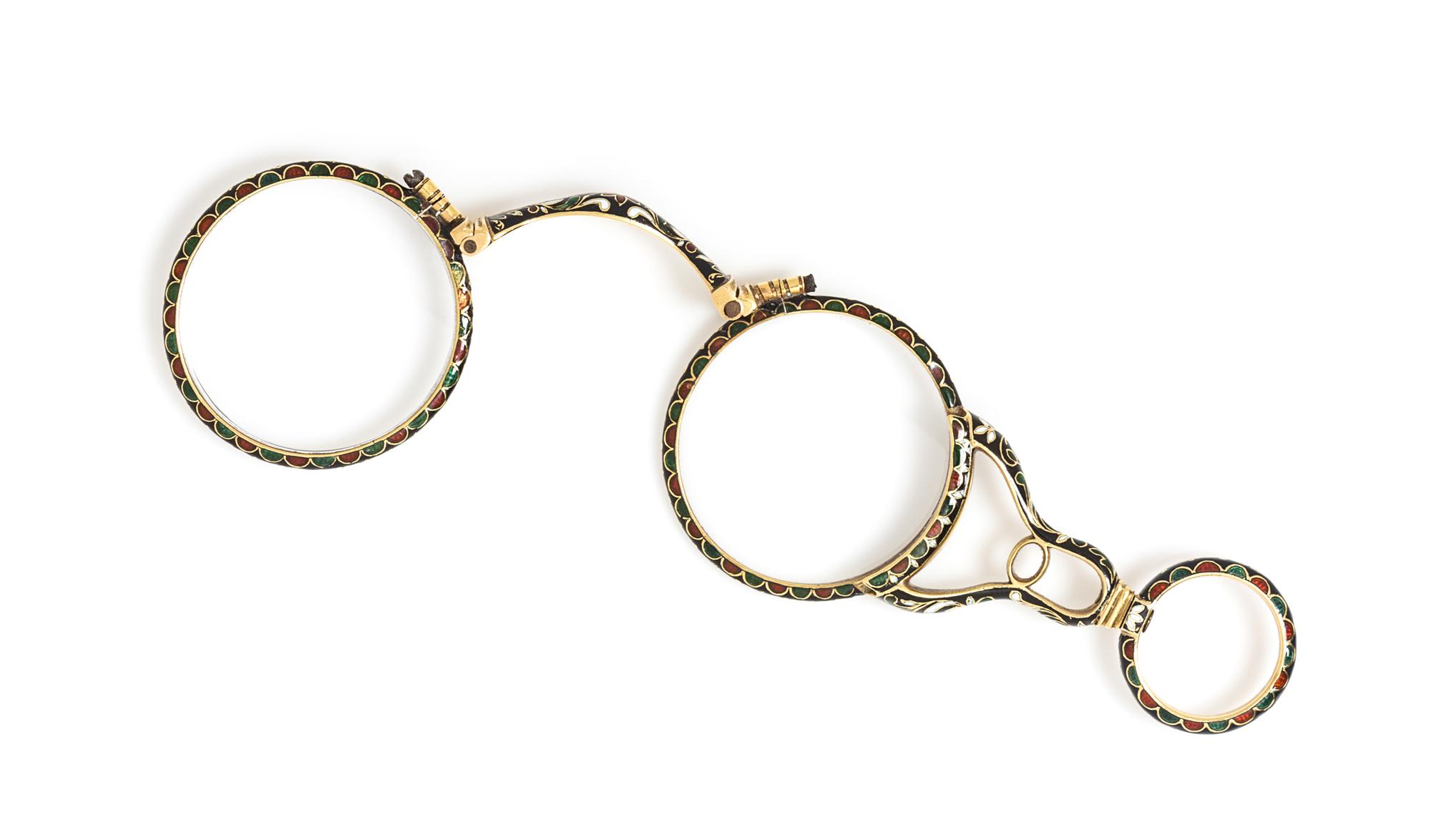 A Yellow Gold and Polychrome Enamel Lorgnette, 16.20 dwts.