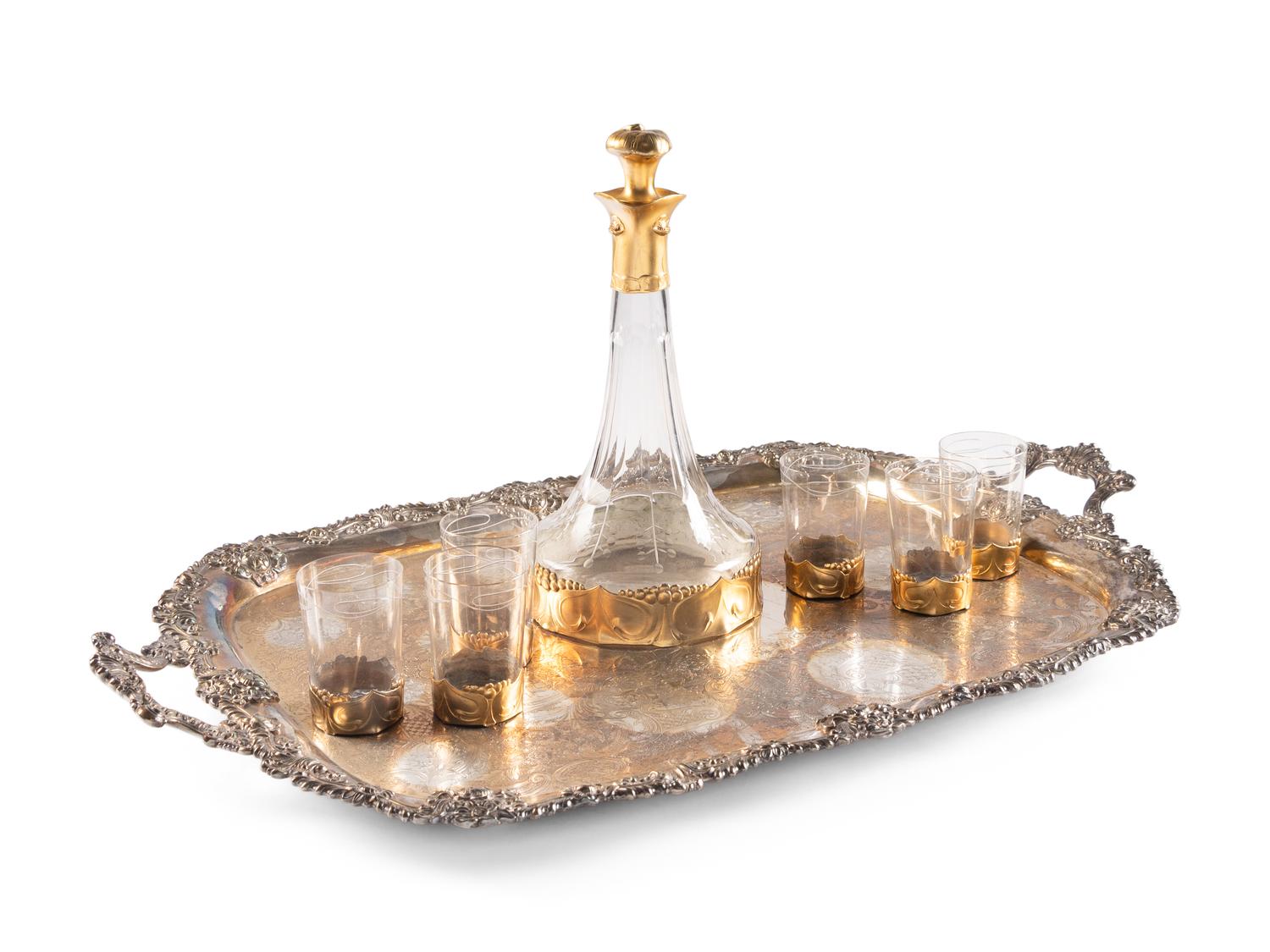 An Art Nouveau Gilt Pewter Mounted Glass Osiris Drink Service by Friedrich Adler (1878-1942)