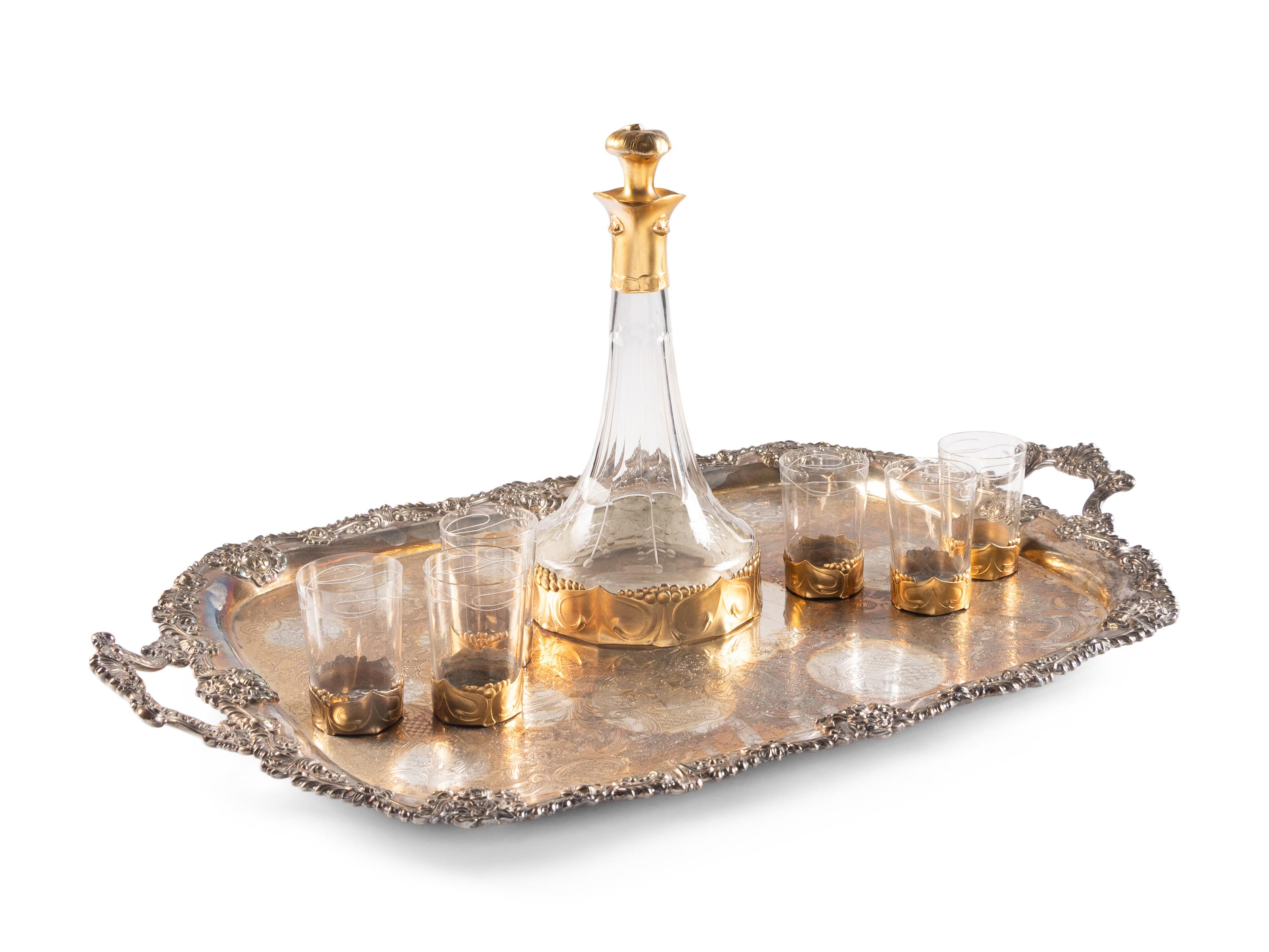 An Art Nouveau Gilt Pewter Mounted Glass Osiris Drink Service by Friedrich Adler (1878-1942)