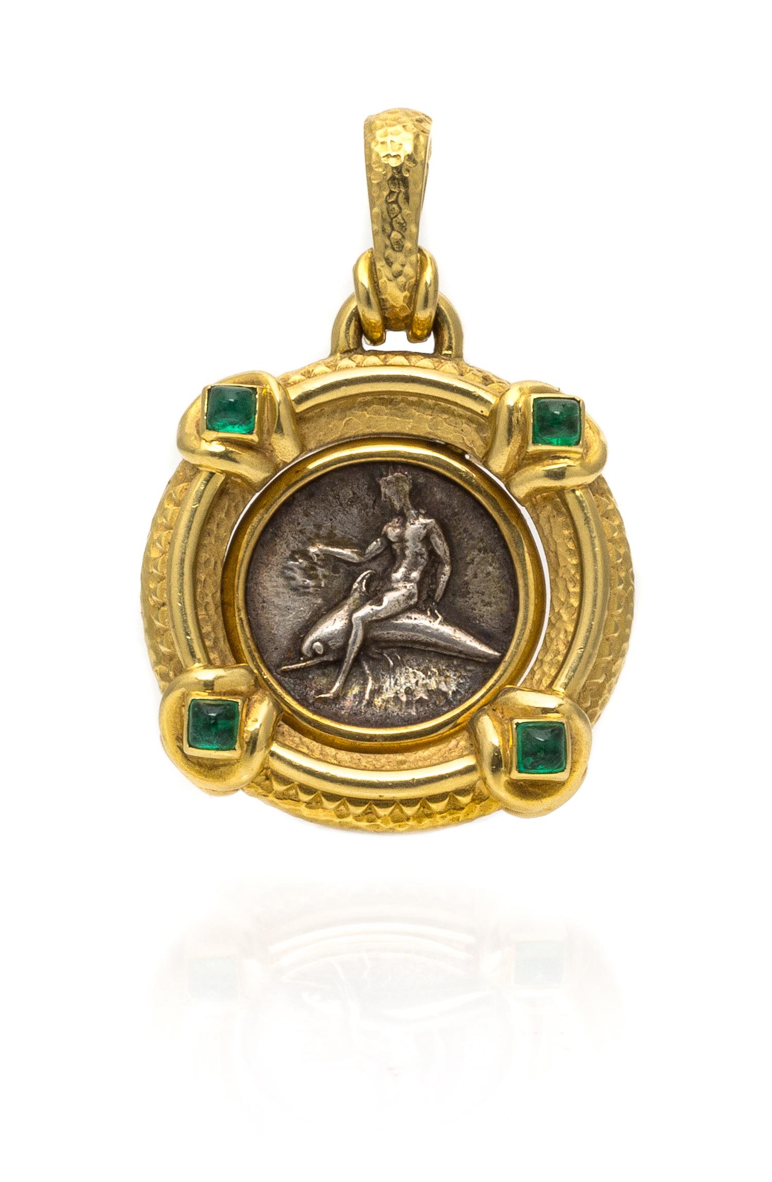 An 18 Karat Yellow Gold, Ancient Greek Coin and Emerald Pendant, 34.10 dwts.