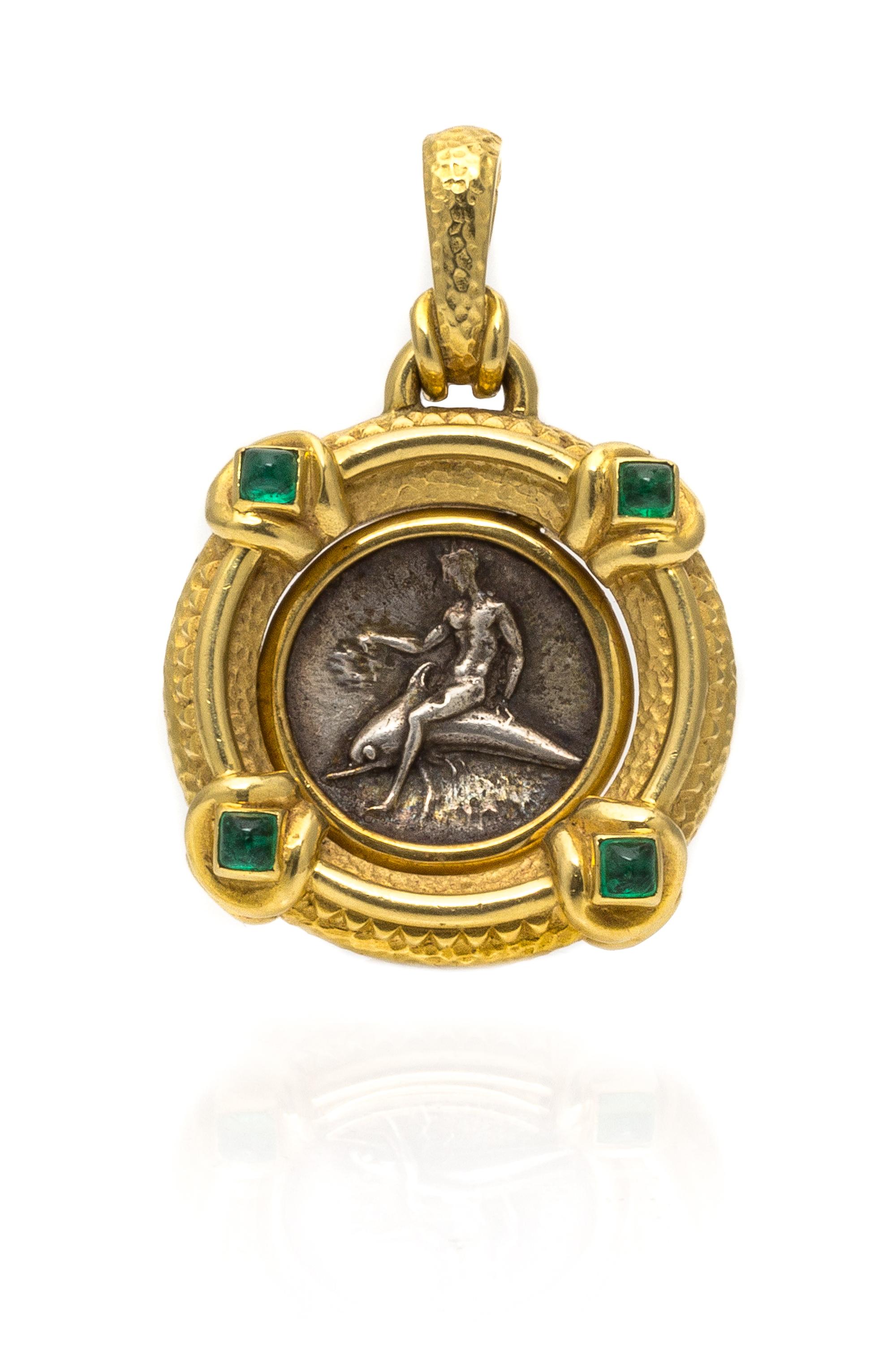 An 18 Karat Yellow Gold, Ancient Greek Coin and Emerald Pendant, 34.10 dwts.