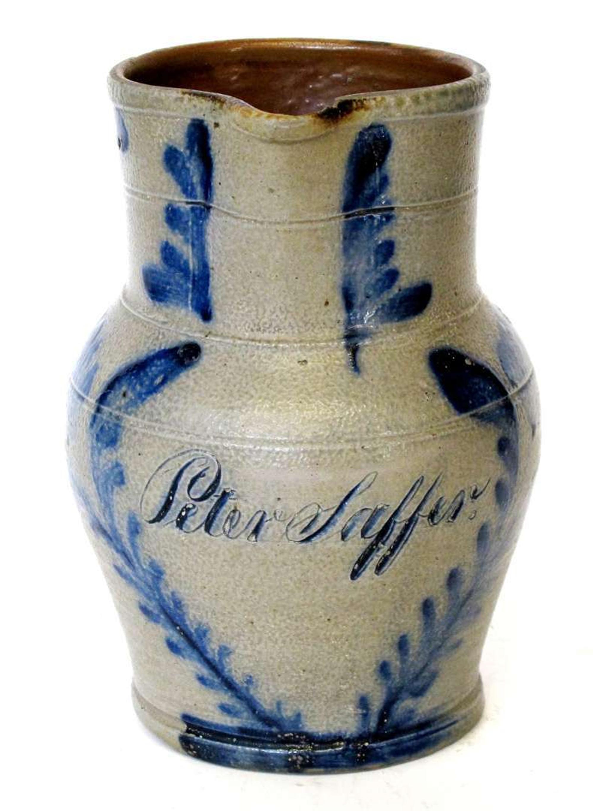 Cobalt decorated stoneware presentation pitcher remmey pottery, philadelphia, pa, mid 19th century