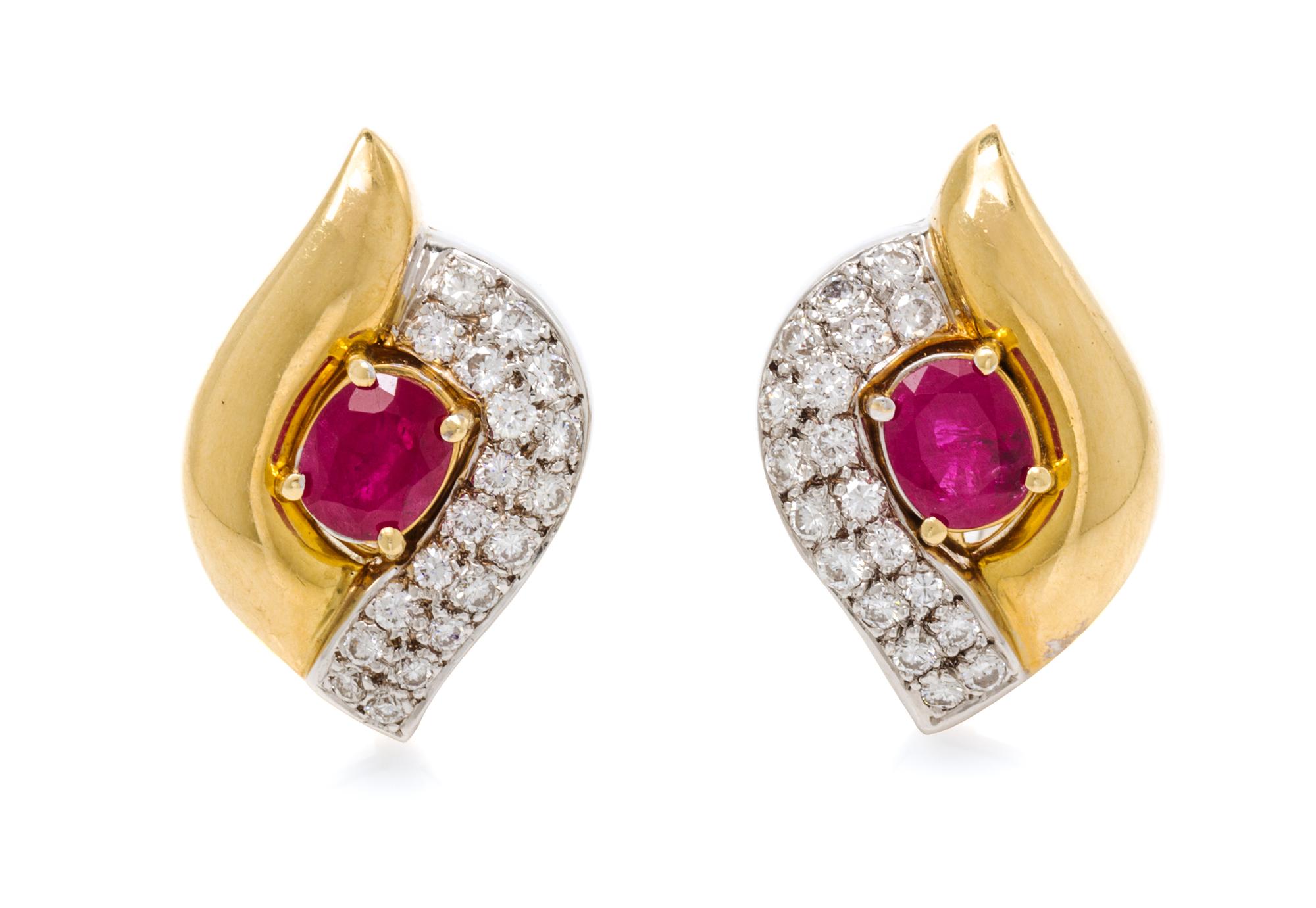 A Pair of 18 Karat Bicolor Gold, Ruby and Diamond Earclips, Hauer, 10.90 dwts.