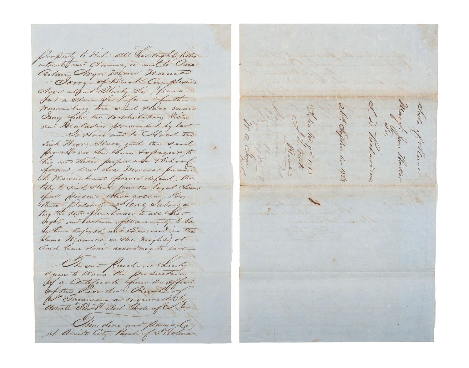 [SLAVERY & ABOLITION]. Bill of sale for "Negro Man Jerry". Amite City, St. Helena Parish, Louisiana, 26 September 1863.