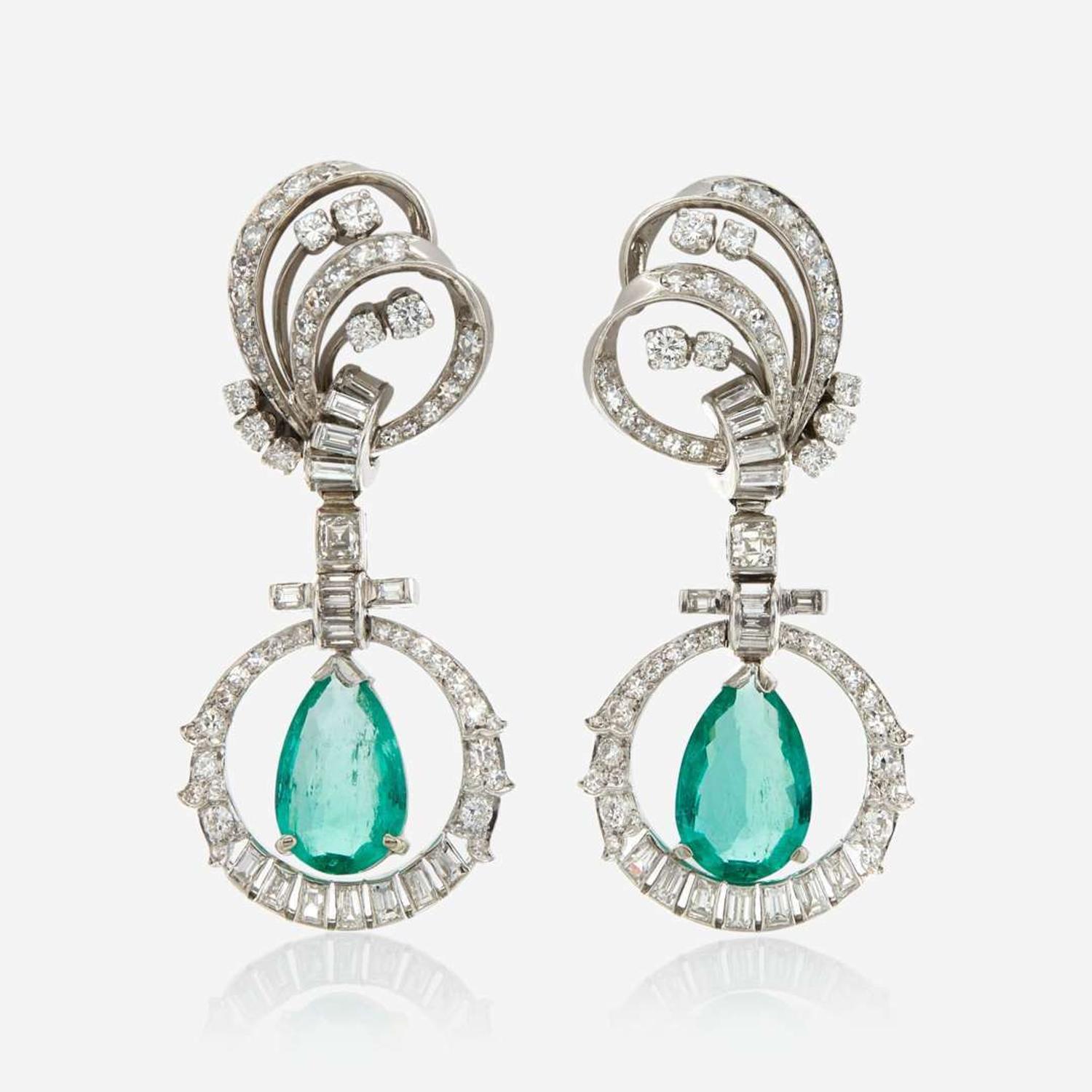 A pair of emerald, diamond, and platinum pendant ear clips, Mauboussin