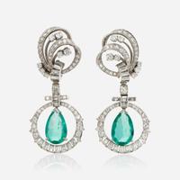 A pair of emerald, diamond, and platinum pendant ear clips, Mauboussin