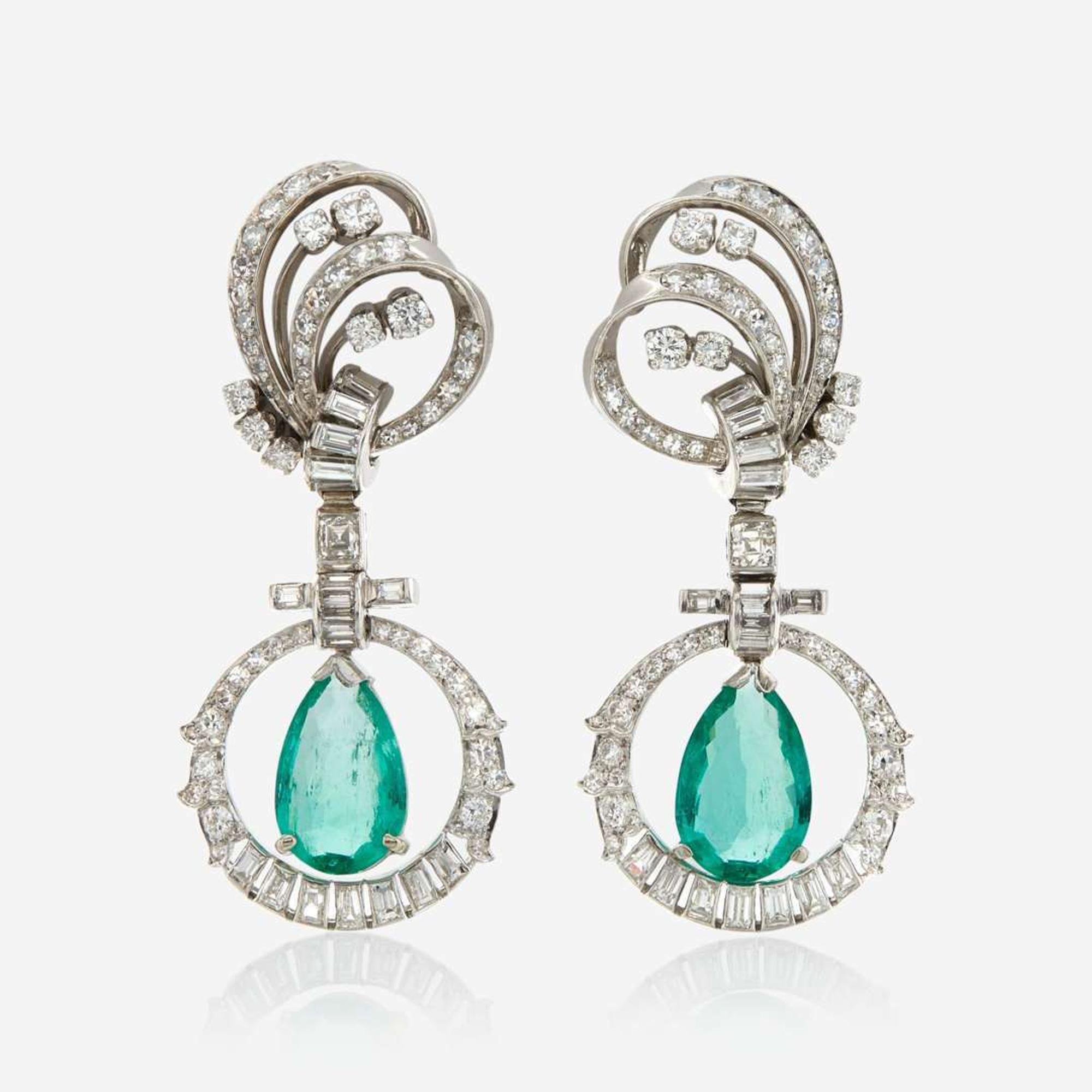 A pair of emerald, diamond, and platinum pendant ear clips, Mauboussin