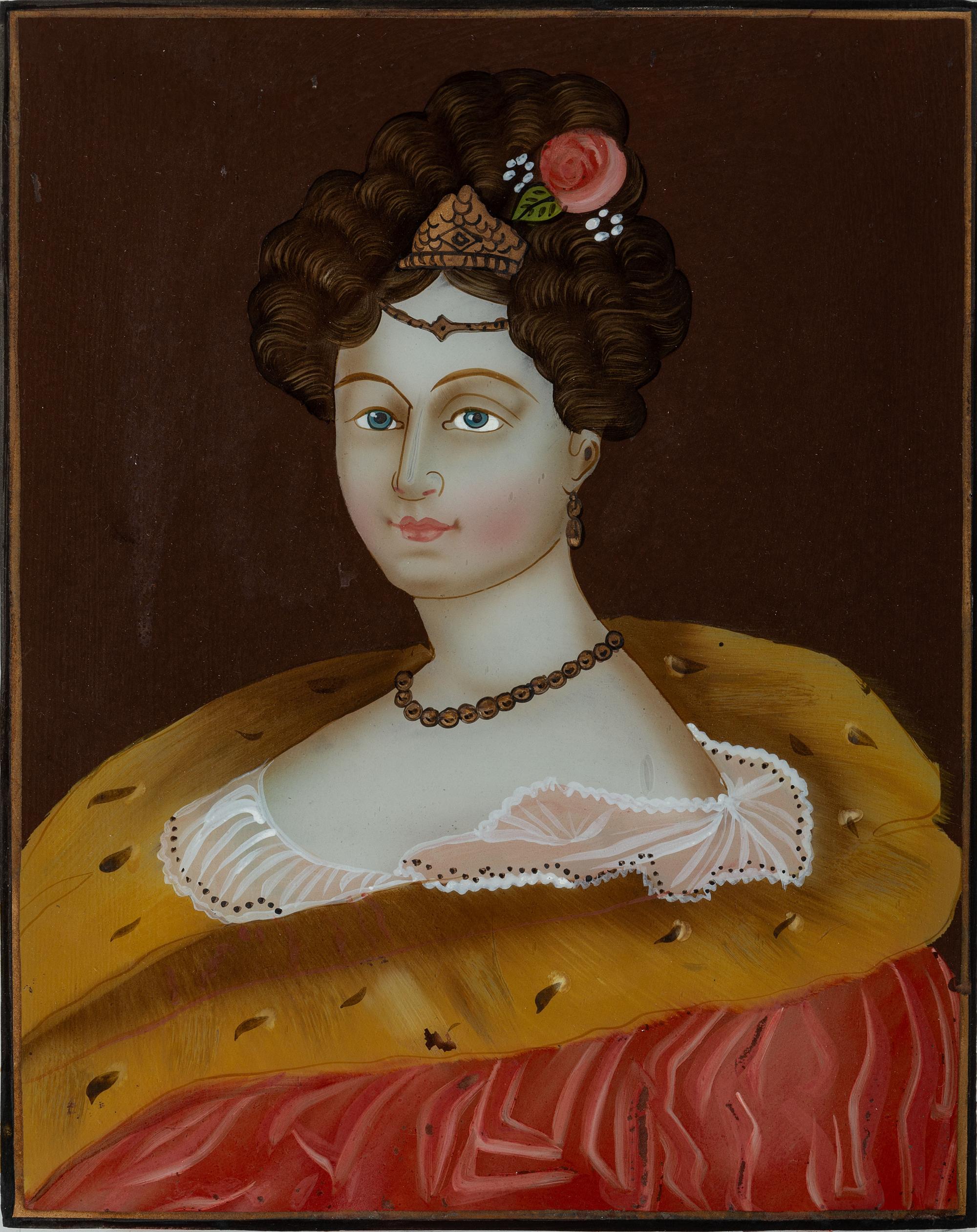 A Chinese Export Reverse Painted Glass Portrait of a Young Woman