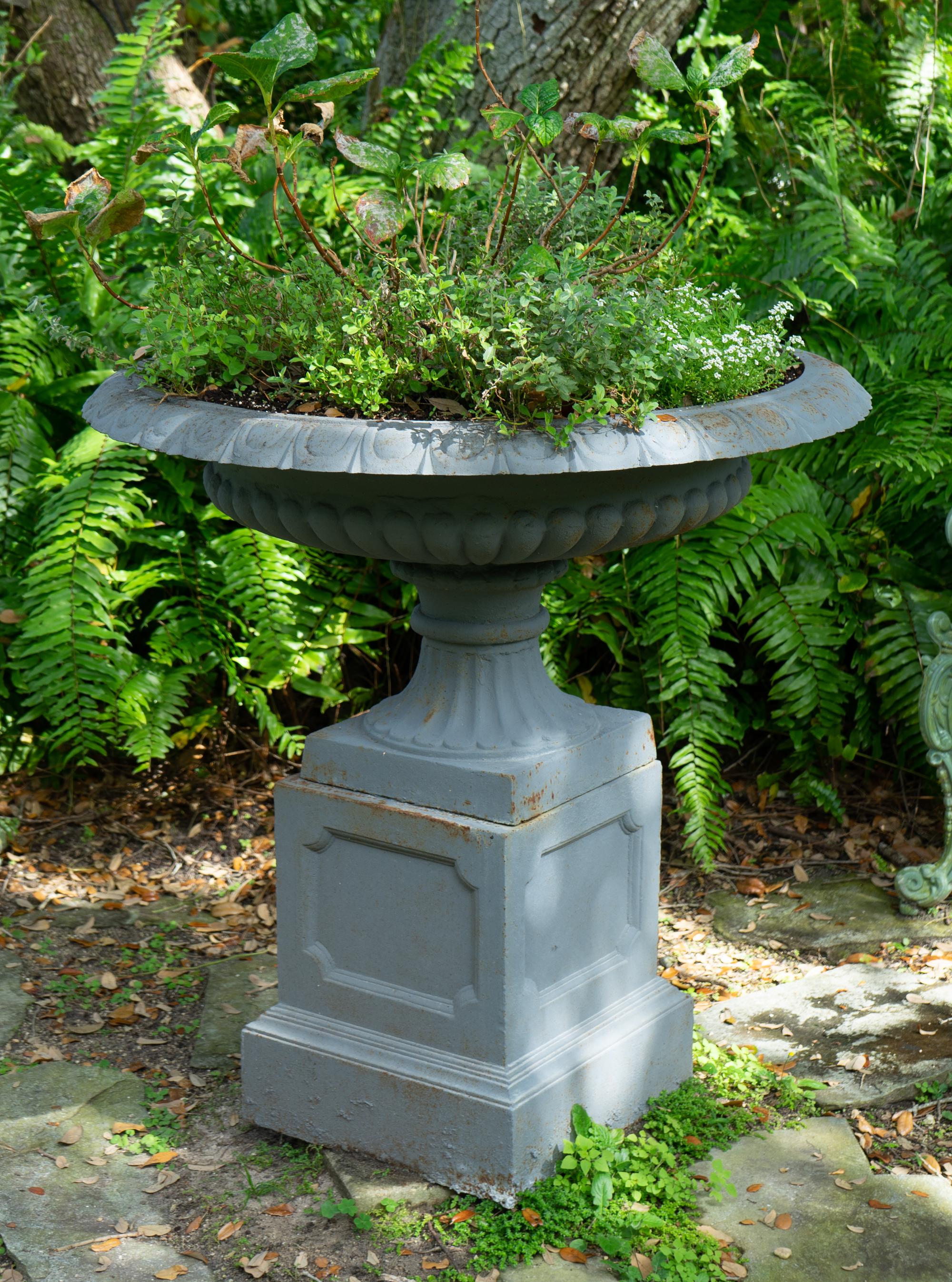 A Pair of Cast Iron Shallow Campana-form Jardinieres on Pedestal Bases