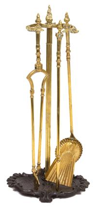 An English Victorian Brass and Wrought Iron Fire Tool Stand with Tools Height 28 inches.