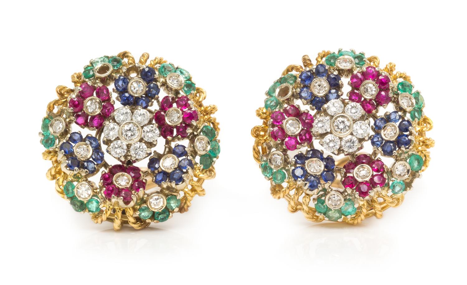 A Pair of Bicolor Gold, Diamond and Multigem En Tremblant Earclips, 10.50 dwts.