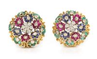A Pair of Bicolor Gold, Diamond and Multigem En Tremblant Earclips, 10.50 dwts.