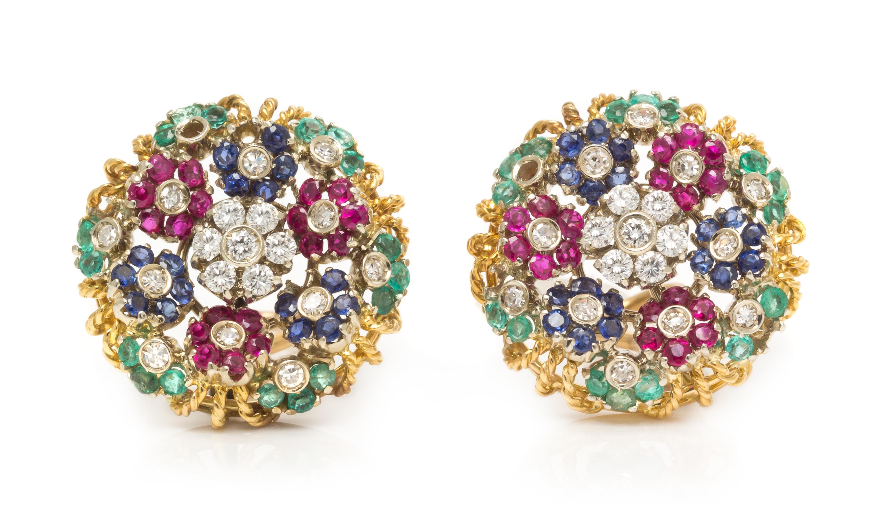 A Pair of Bicolor Gold, Diamond and Multigem En Tremblant Earclips, 10.50 dwts.