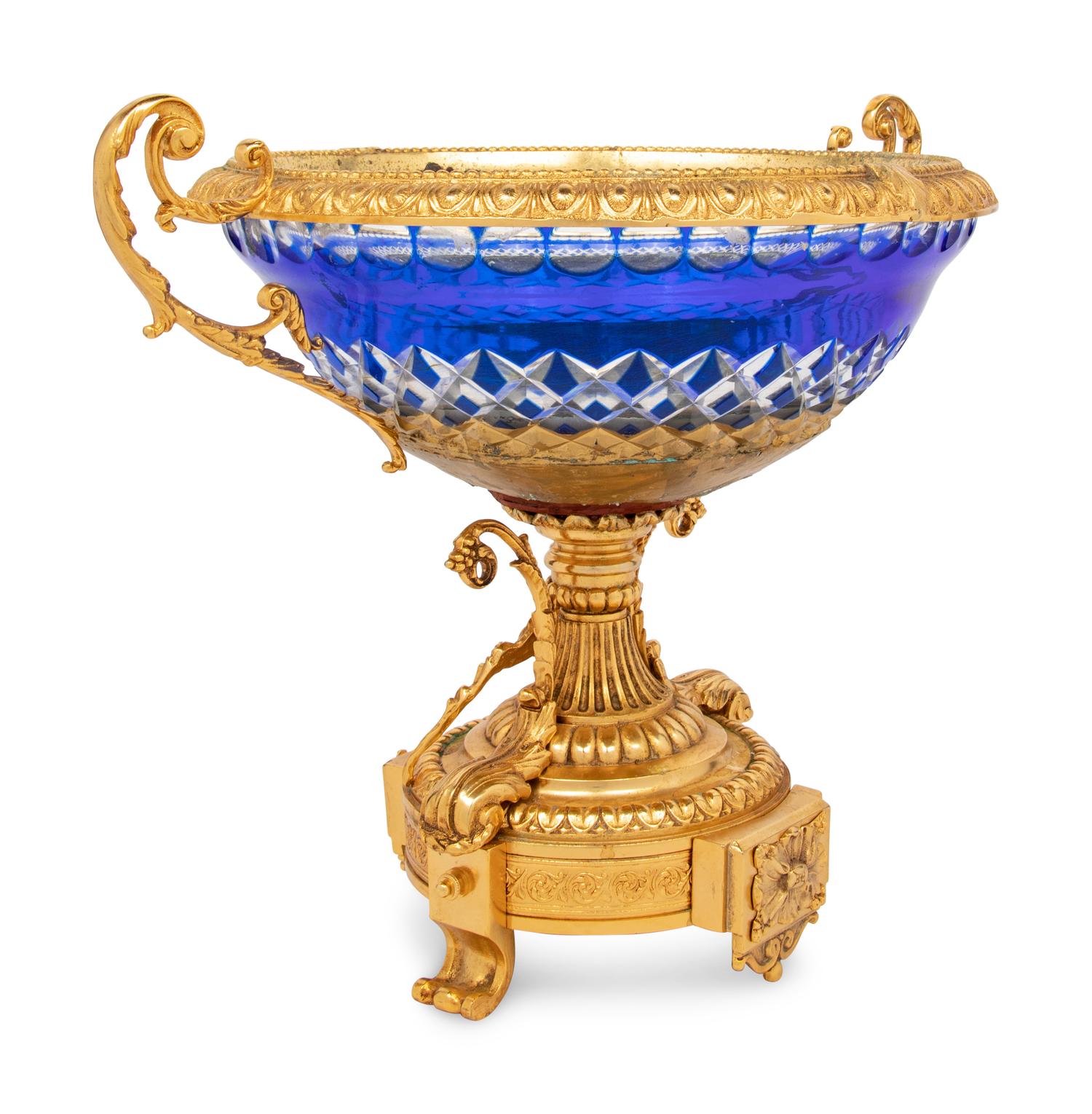 A Gilt Bronze Mounted Cobalt Blue Cut-to-Clear Glass Centerpiece Bowl