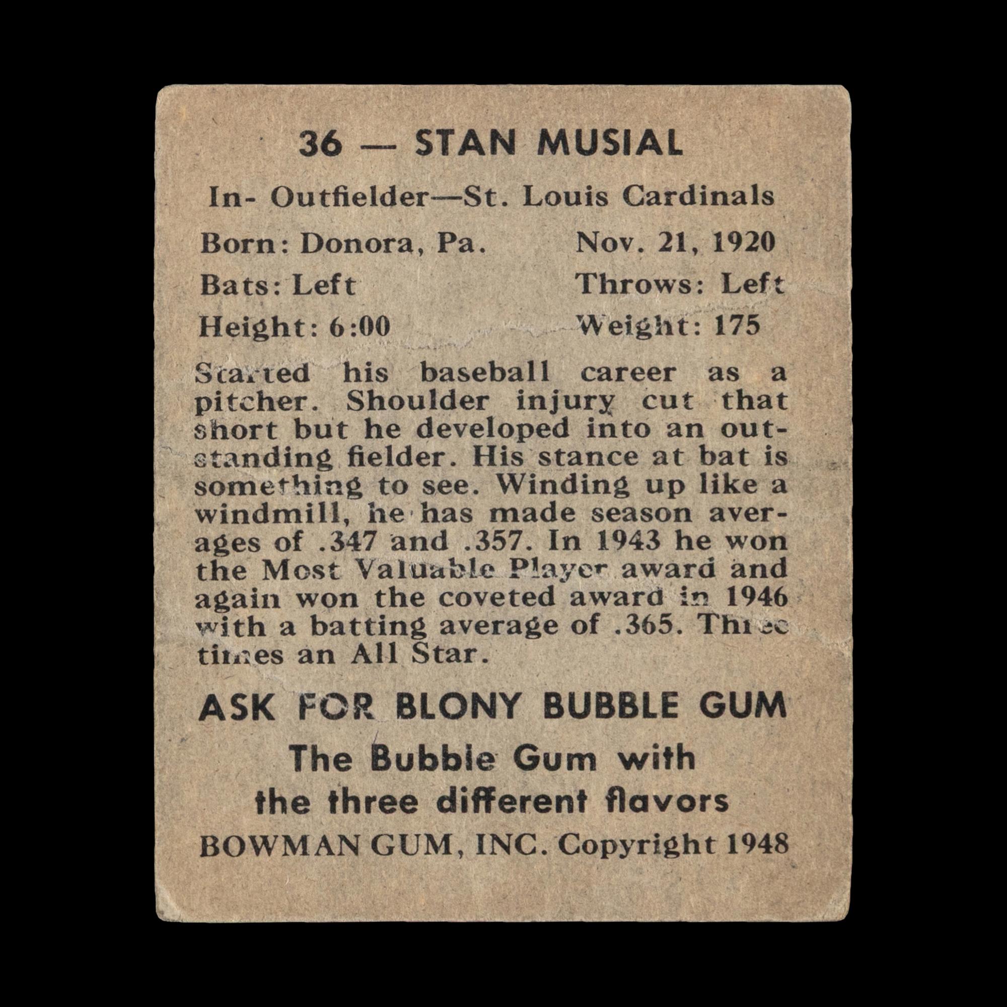 A 1948 Bowman Stan Musial Rookie Baseball Card No. 36