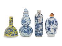 Four Blue and White Porcelain Snuff Bottles