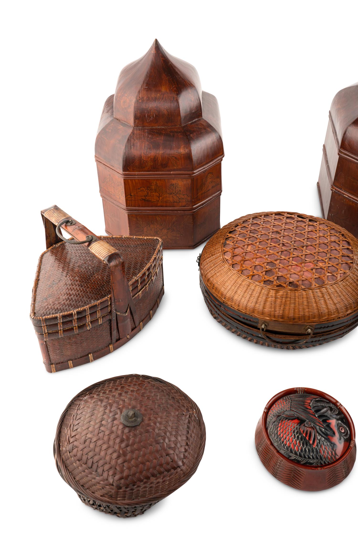 A Collection of Ten Lacquered and Woven Baskets