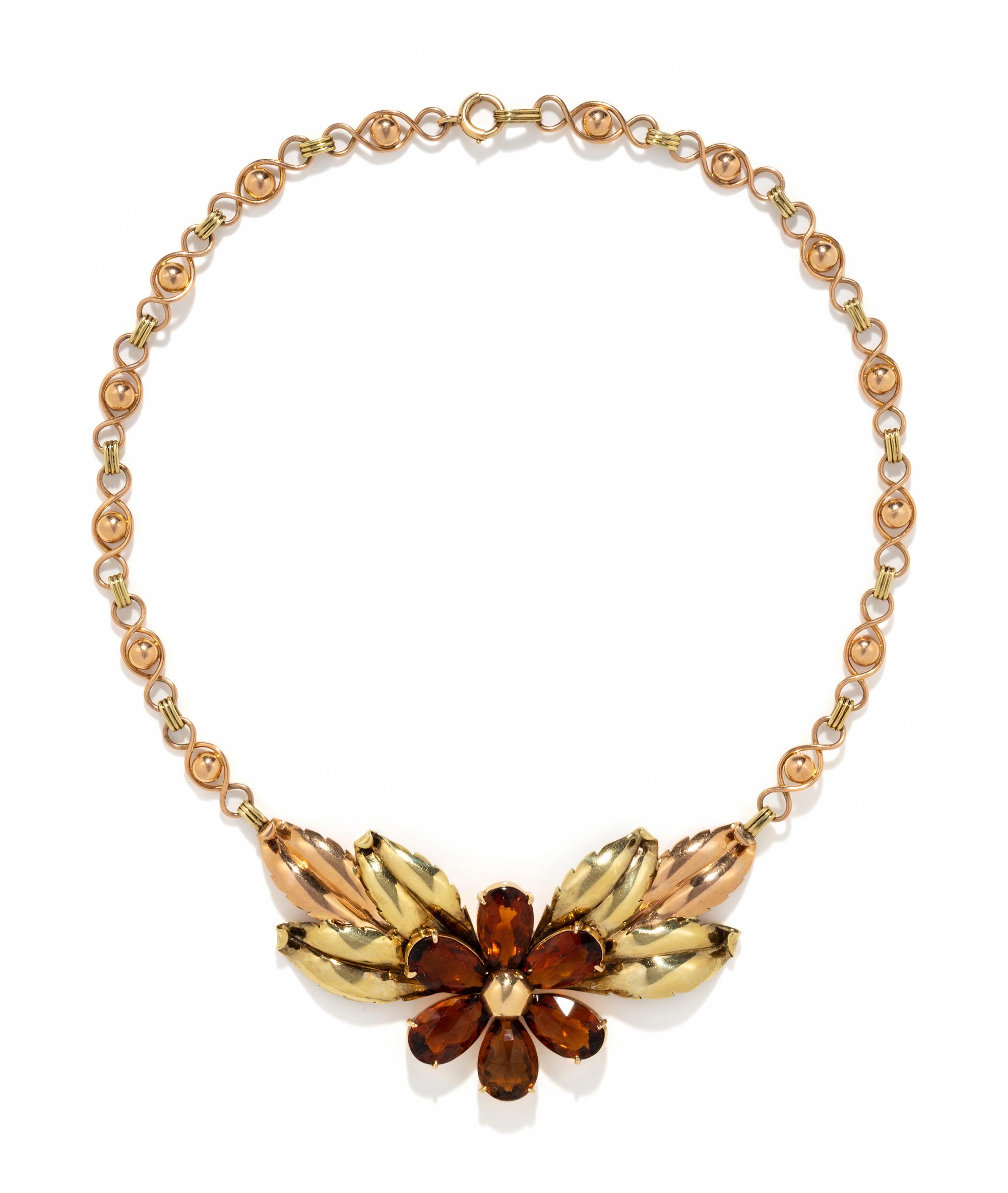 RETRO, BICOLOR GOLD AND CITRINE FLOWER NECKLACE