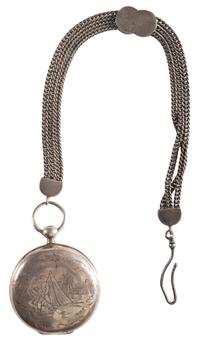 Silver patent lever pocket watch engraved with cavalry scenes.