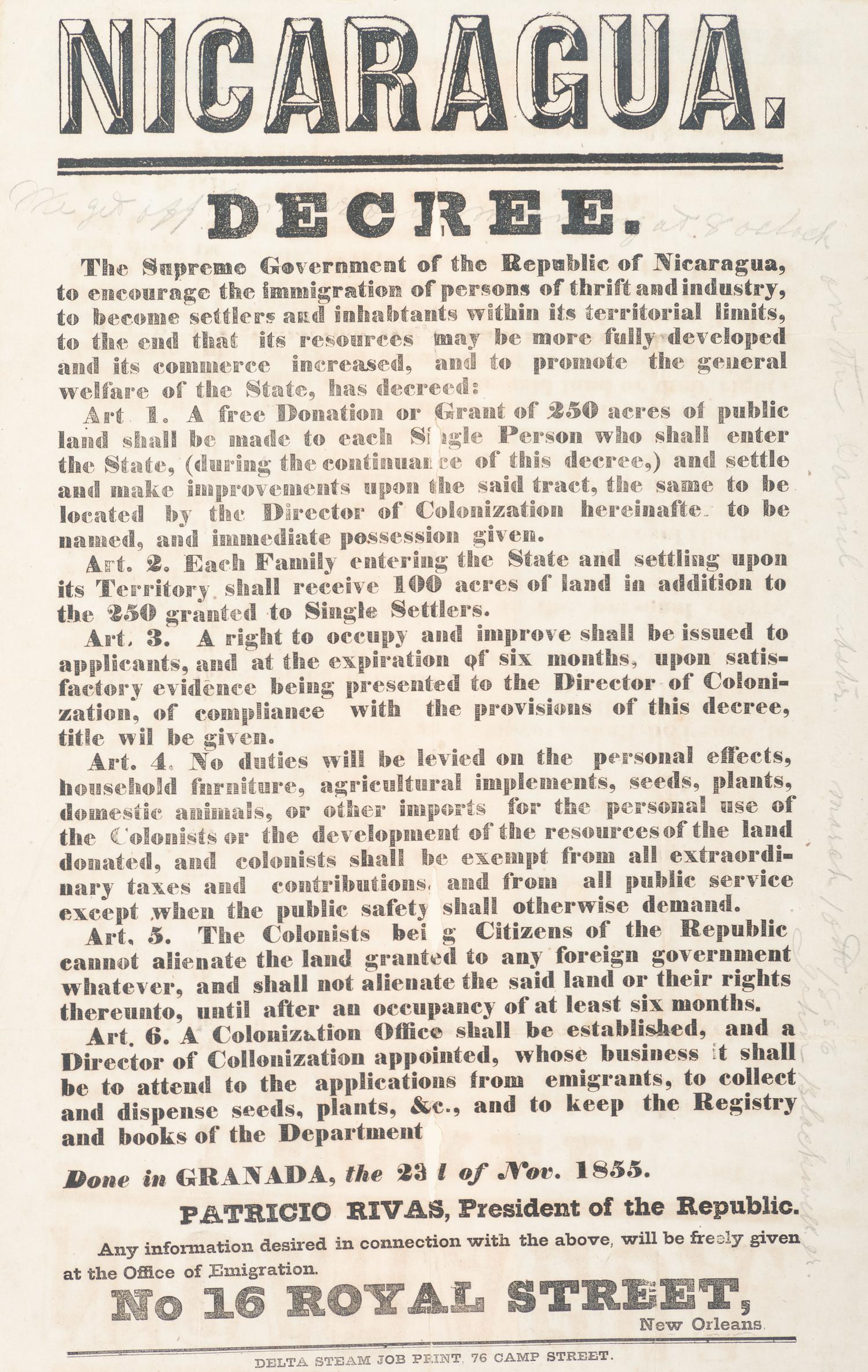 [US EXPANSION]. RIVAS, Patricio (1810-1867). Nicaragua. Decree. New Orleans, LA: Delta Steam Job Print, November 1855.