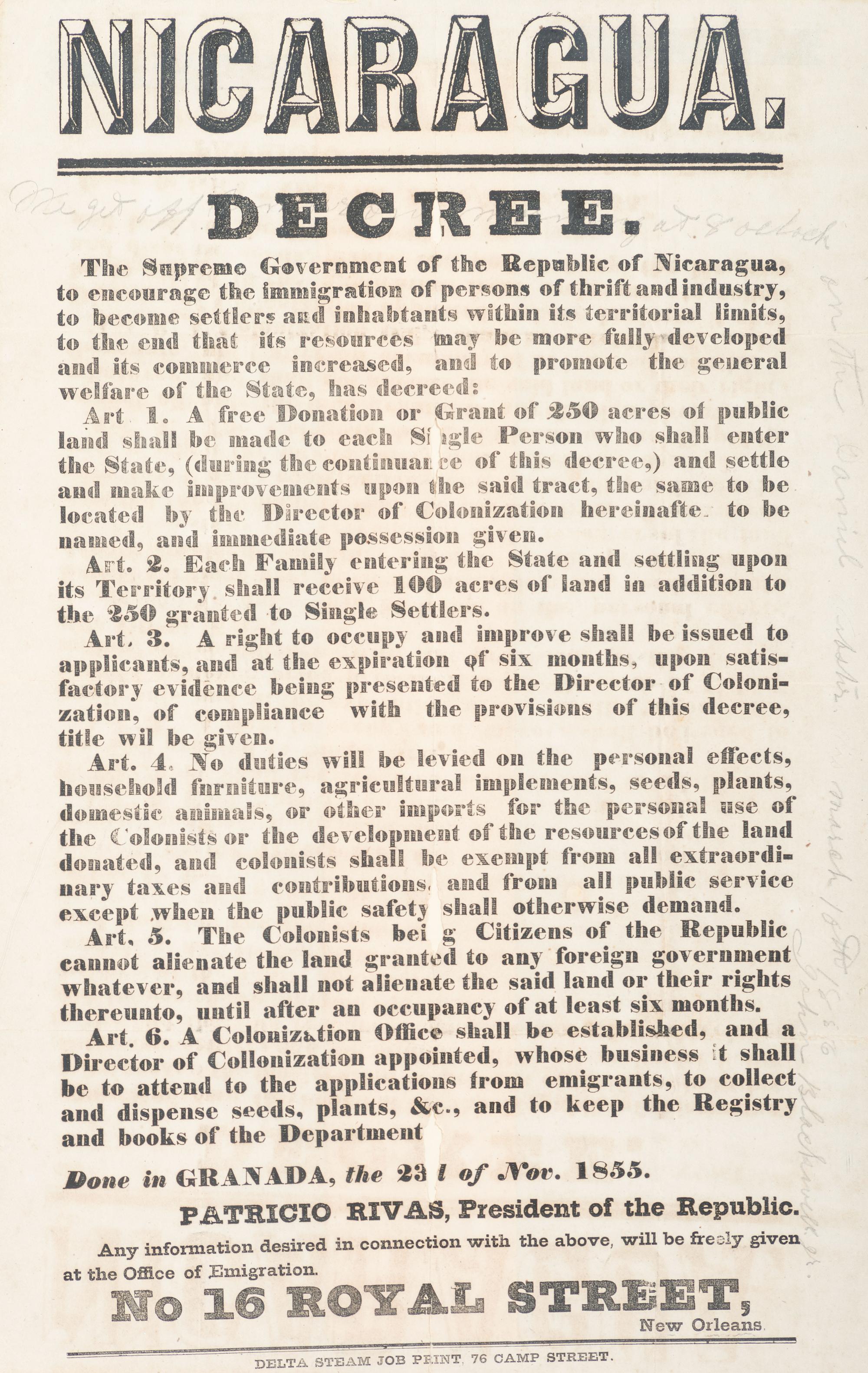 [US EXPANSION]. RIVAS, Patricio (1810-1867). Nicaragua. Decree. New Orleans, LA: Delta Steam Job Print, November 1855.