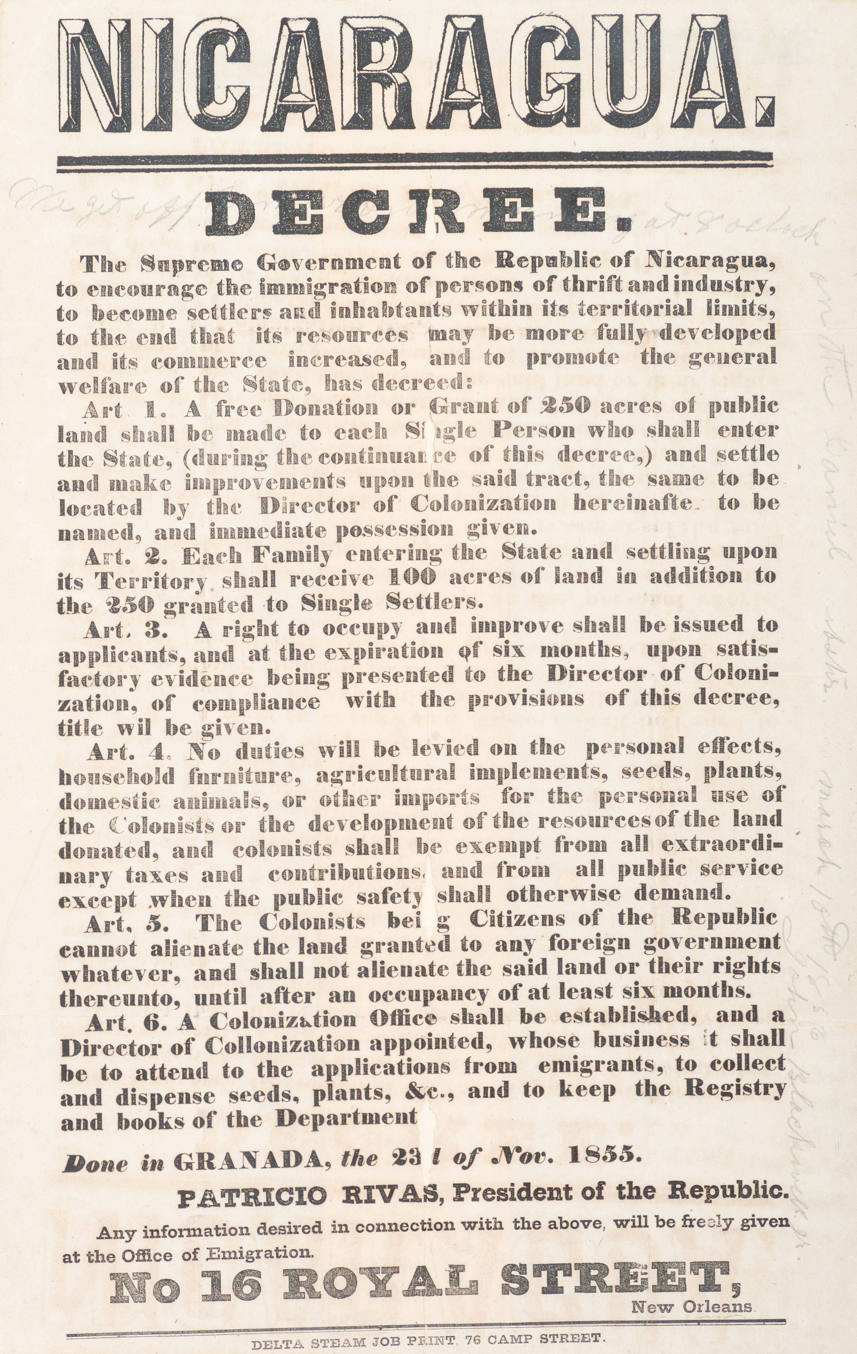 [US EXPANSION]. RIVAS, Patricio (1810-1867). Nicaragua. Decree. New Orleans, LA: Delta Steam Job Print, November 1855.