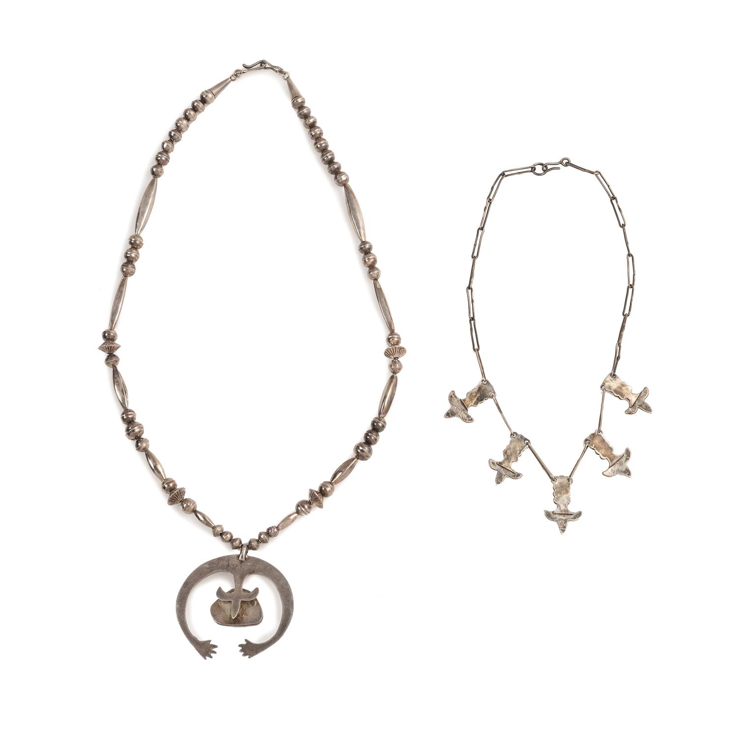 Navajo Silver and Turquoise Necklace with Naja, AND Zuni Fleur-De-Lis Petit Point Necklace